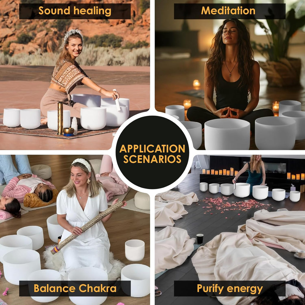 432HZ 6-12 Inch Crystal Singing Bowl Set of 7 with 2 Pcs Green Heavy Carrying Case bag, Frosted Quartz Crystal Sound Healing bowls for Chakra, Meditation, Sound Therapy