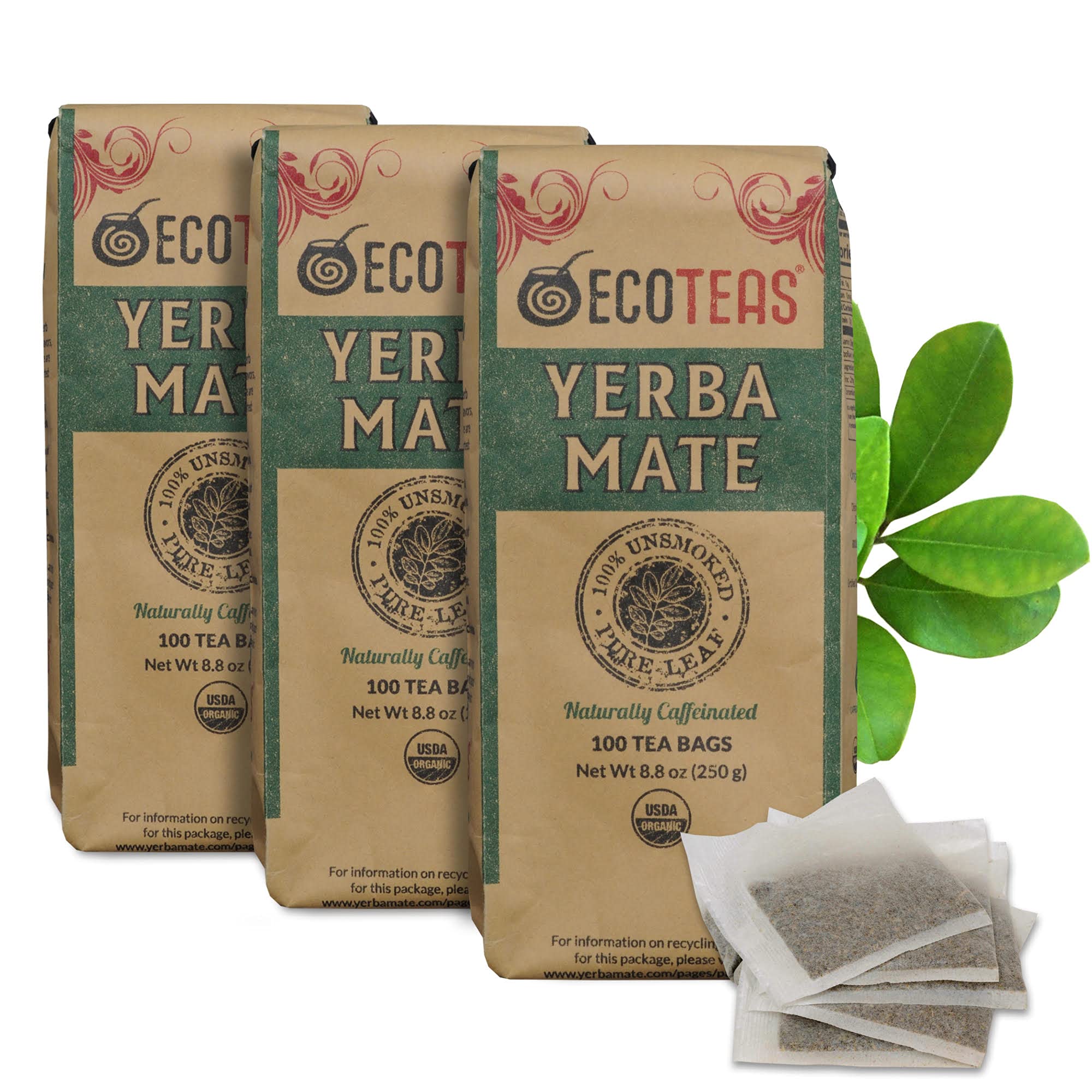 ECOTEAS Premium Organic Yerba Mate Tea Bags – Natural Energy & Detox Herbal Tea – Coffee Alternative - Kosher, Non-GMO, Gluten-Free - 100 Unsmoked Bulk Bags, 8.8 oz (Pack of 1)