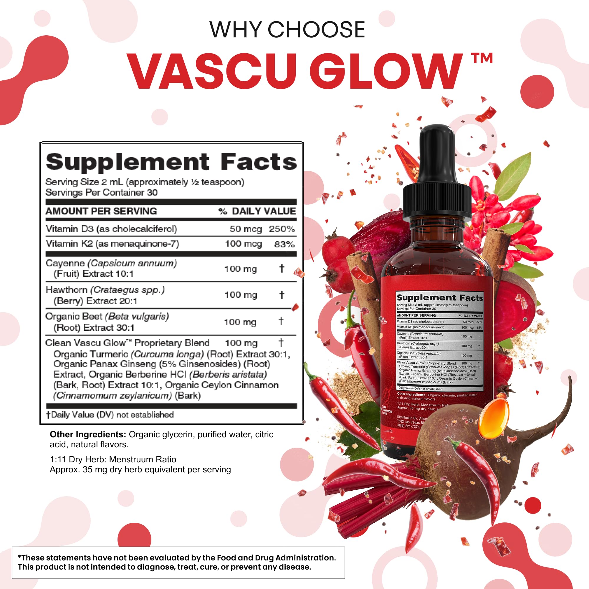 Clean Nutra Cayenne Pepper Drops Supplement Liquid + Hawthorn Berry, Vitamin D3 K2 Beet Root Powder, Ceylon Cinnamon, Turmeric Curcumin, Organic Panax Ginseng, Berberine Extract 1 Pack
