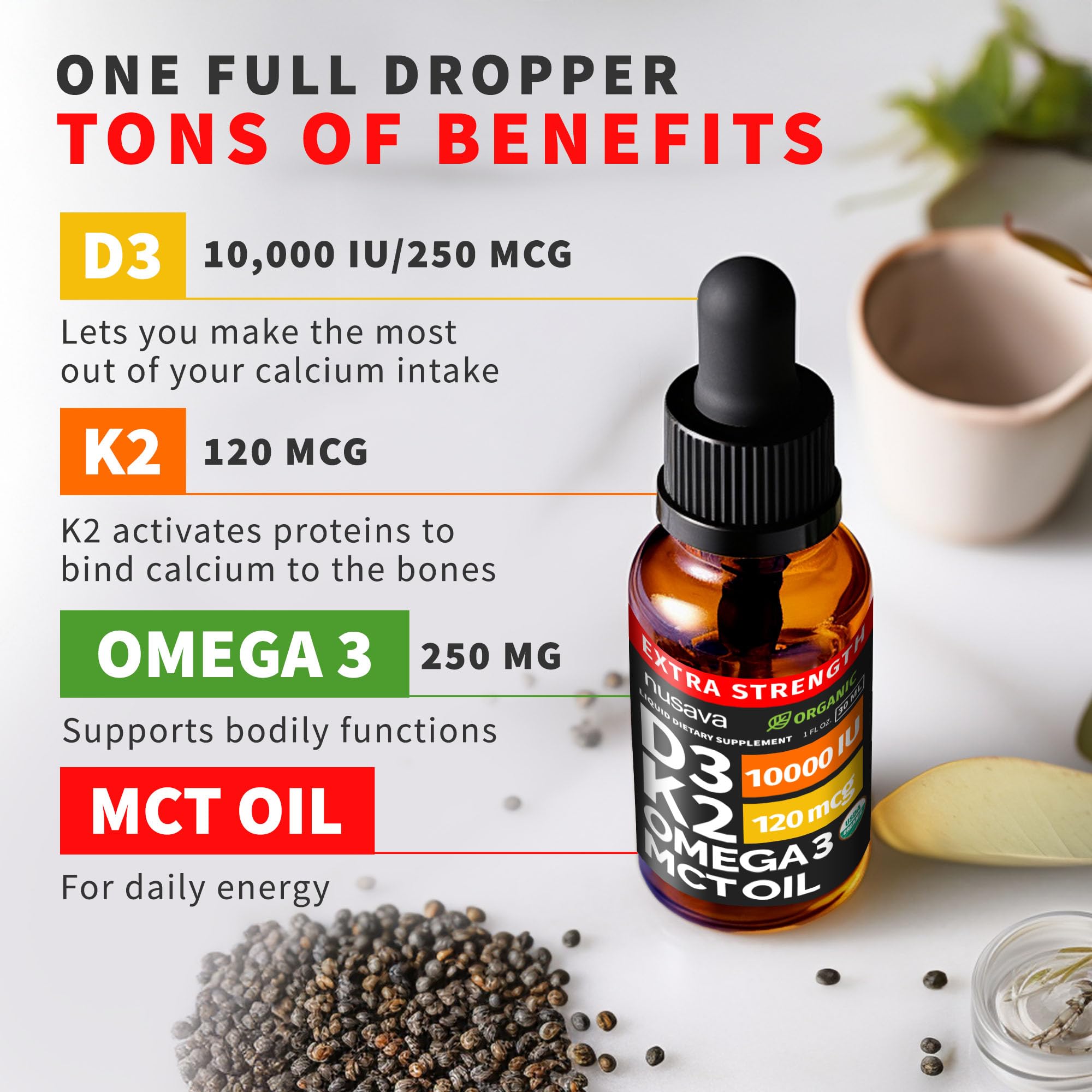 (2 Pack) Organic Vitamin D3 K2 Drops with MCT Oil Omega 3, 5000 IU, Maximum Strength Vitamin D Liquid, No Fillers, Non-GMO Liquid D3 for Faster Absorption and Immune Support (Unflavored, 2 Fl Oz)