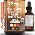 Organic Lions Mane Mushroom Supplement Liquid Drops + Turkey Tail Cordyceps Reishi Chaga Shitake Maitake Tremella Oyster Mushrooms Poria and Enokitake Complex Blend by Clean Nutra
