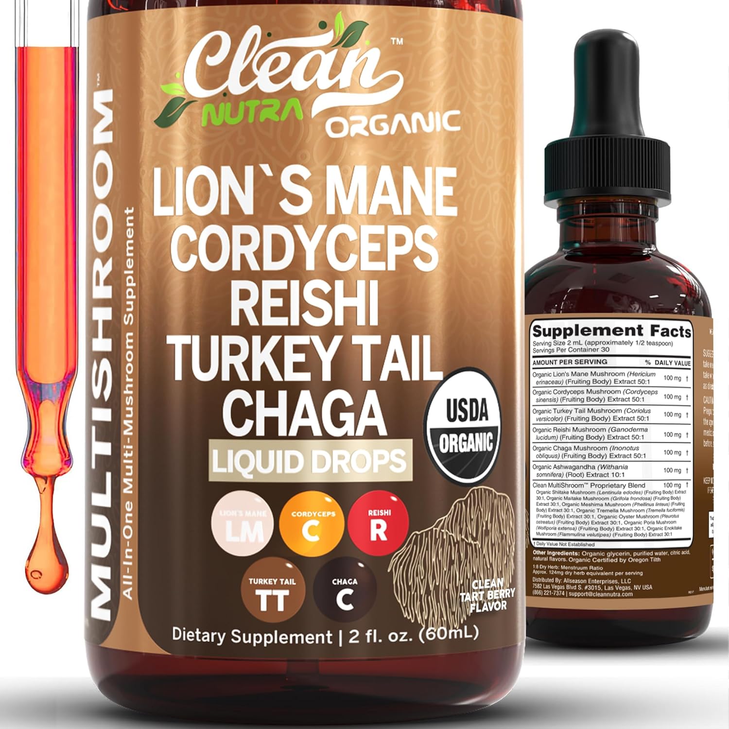 Organic Lions Mane Mushroom Supplement Liquid Drops + Turkey Tail Cordyceps Reishi Chaga Shitake Maitake Tremella Oyster Mushrooms Poria and Enokitake Complex Blend by Clean Nutra
