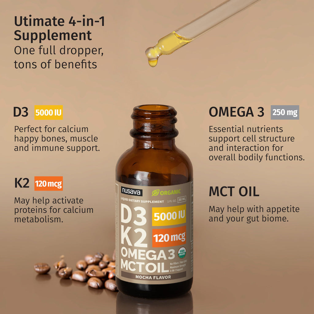 (2 Pack) Organic Vitamin D3 K2 Drops with MCT Oil Omega 3, 5000 IU, Maximum Strength Vitamin D Liquid, No Fillers, Non-GMO Liquid D3 for Faster Absorption and Immune Support (Unflavored, 2 Fl Oz)