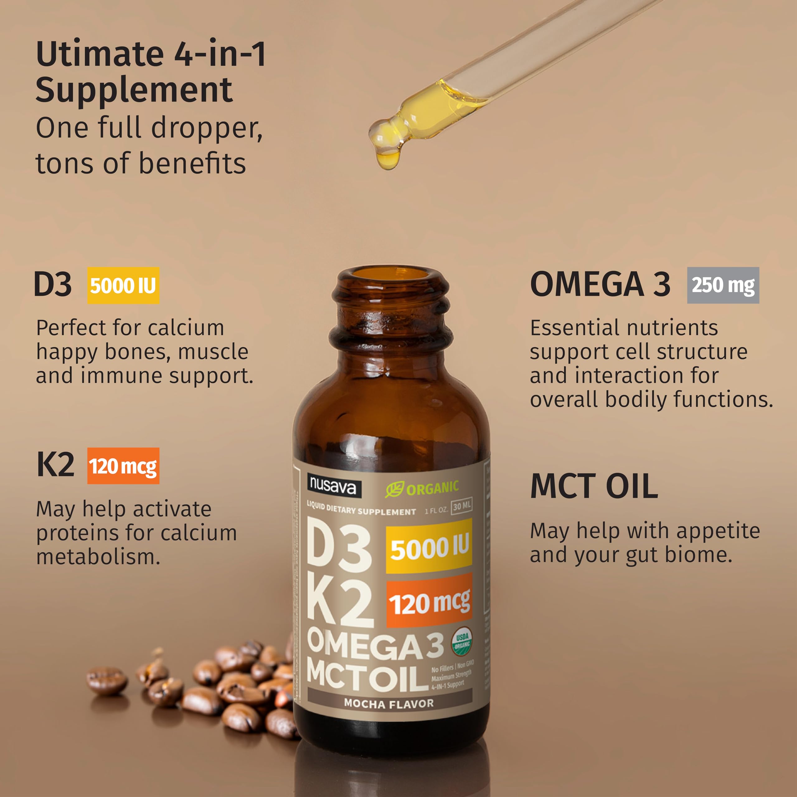 (2 Pack) Organic Vitamin D3 K2 Drops with MCT Oil Omega 3, 5000 IU, Maximum Strength Vitamin D Liquid, No Fillers, Non-GMO Liquid D3 for Faster Absorption and Immune Support (Unflavored, 2 Fl Oz)