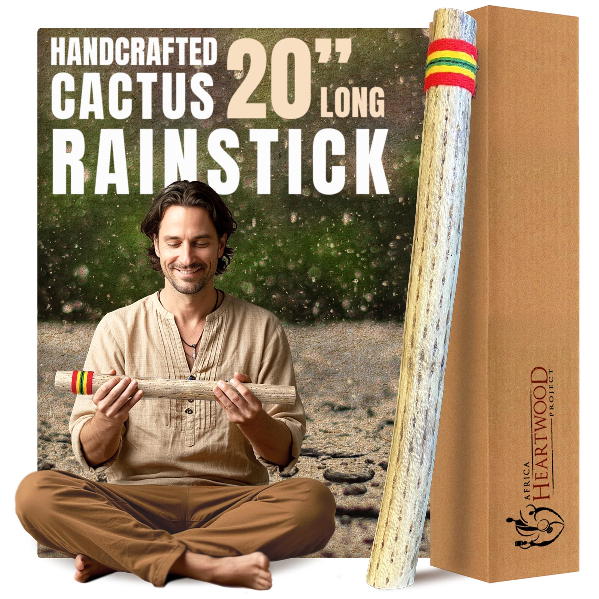 Africa Heartwood Project 20" Cactus Rainstick from Chile - Authentic Handcrafted Rain Stick Musical Instrument with Colored Yarn Wrap and Durable Sealant (Random Color)