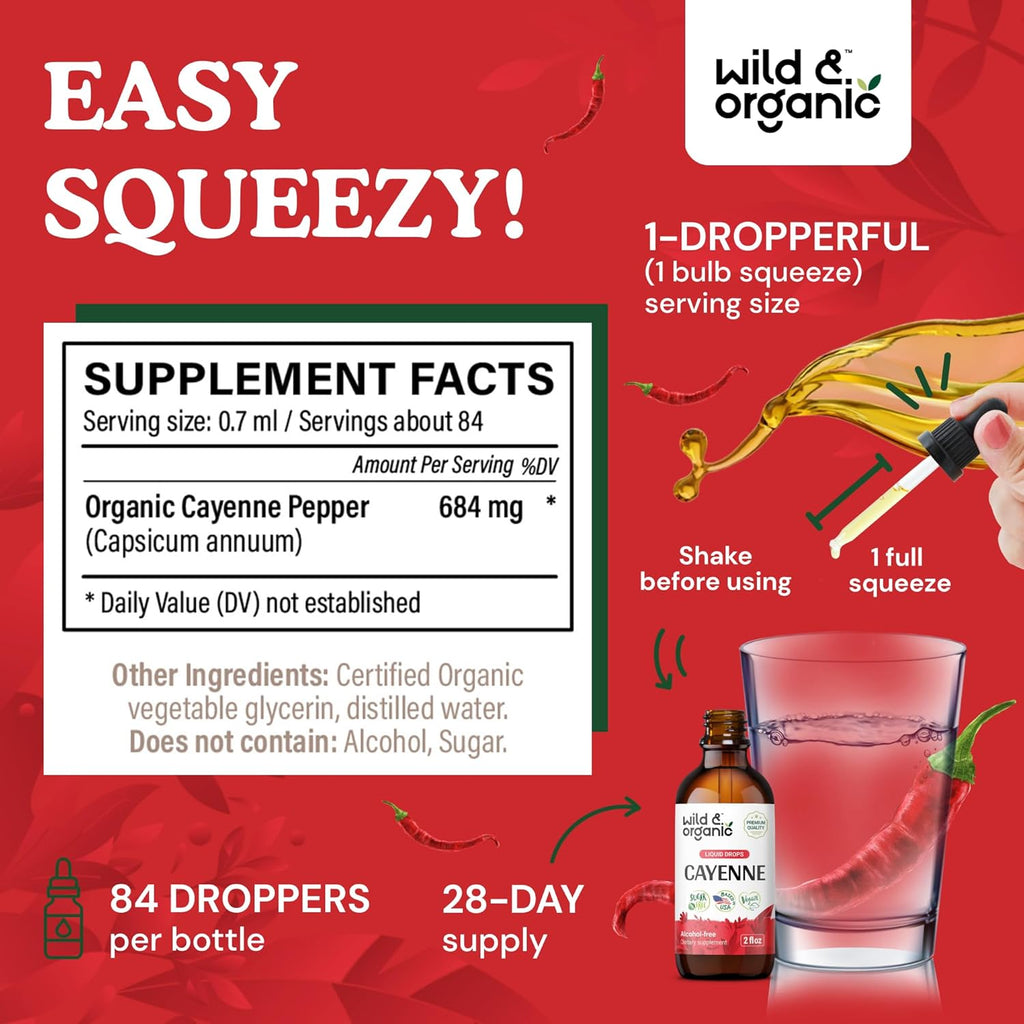 Wild & Organic Cayenne Pepper Tincture - Digestive Support with Capsaicin Extract - Cayenne Pepper Liquid Drops for Overall Well-Being - Vegan, Sugar & Alcohol-Free - 4 fl oz