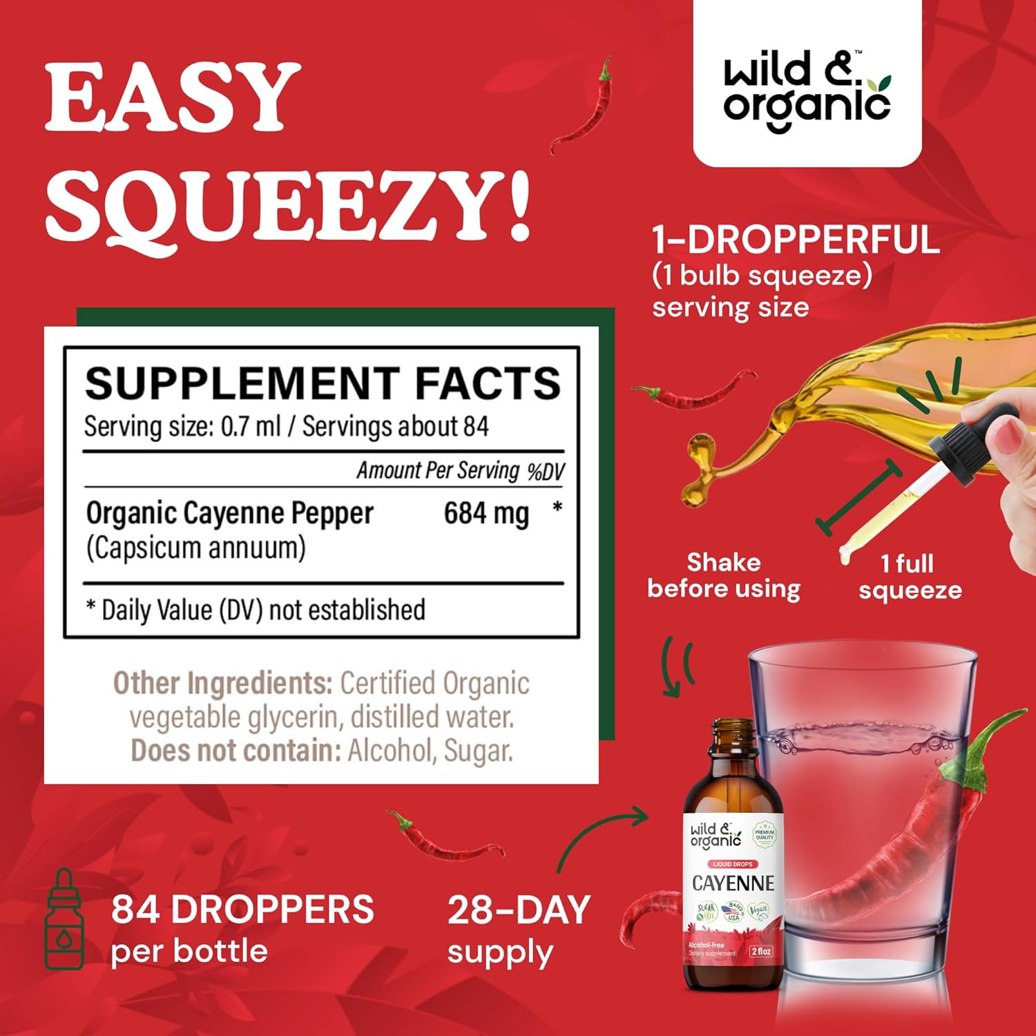 Wild & Organic Cayenne Pepper Tincture - Digestive Support with Capsaicin Extract - Cayenne Pepper Liquid Drops for Overall Well-Being - Vegan, Sugar & Alcohol-Free - 4 fl oz
