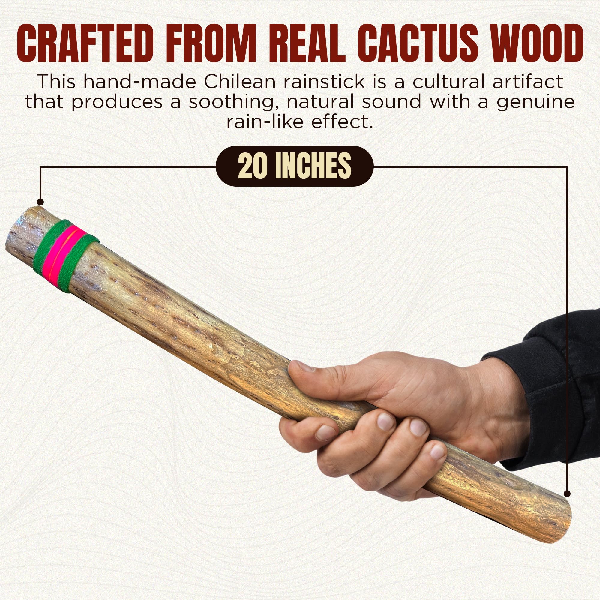 Africa Heartwood Project 20" Cactus Rainstick from Chile - Authentic Handcrafted Rain Stick Musical Instrument with Colored Yarn Wrap and Durable Sealant (Random Color)