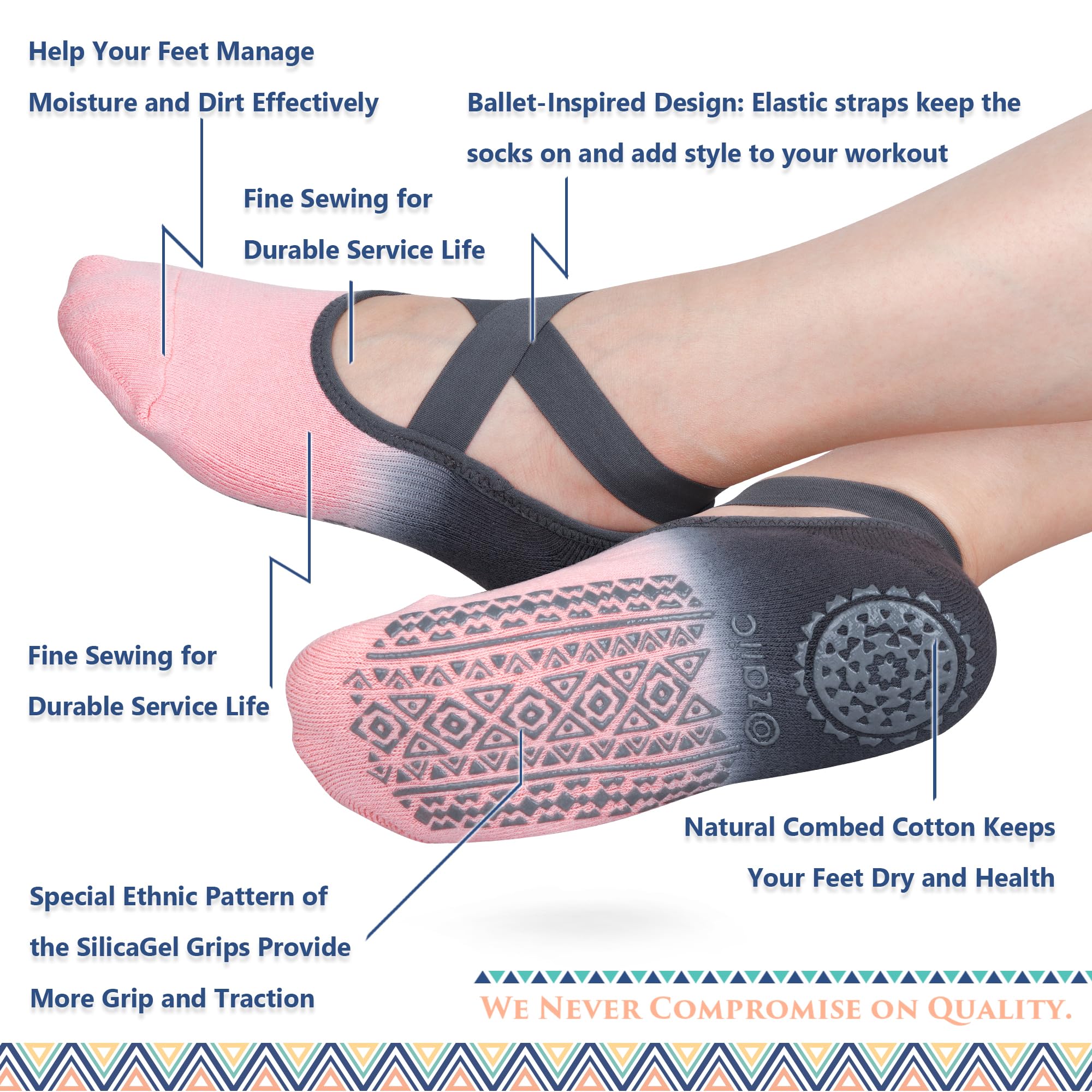 Ozaiic Pilates Socks for Women Non Slip Grip, Yoga Socks with Grippers for Barre, Hospital, Ballet, Dance, Barefoot Workout