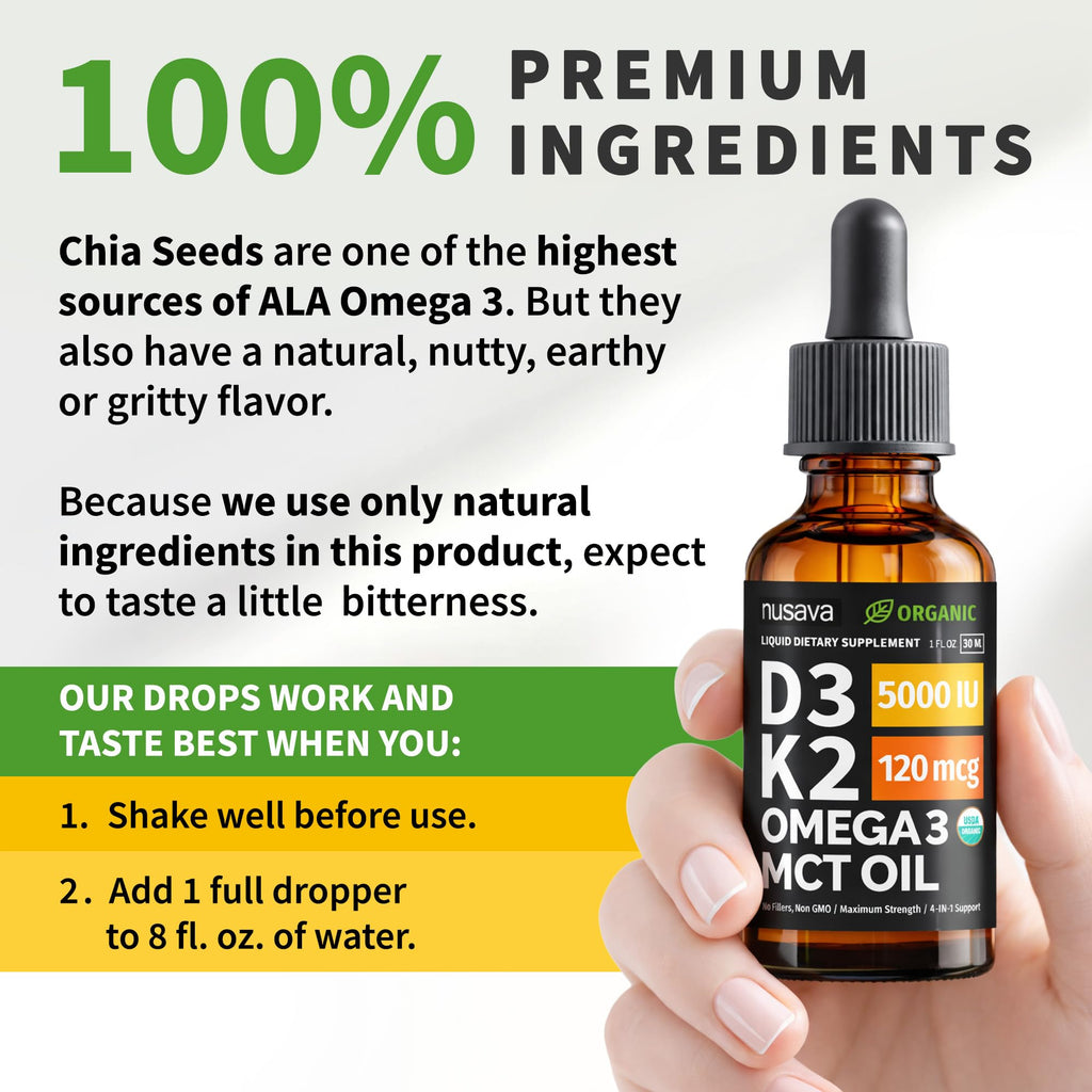 (2 Pack) Organic Vitamin D3 K2 Drops with MCT Oil Omega 3, 5000 IU, Maximum Strength Vitamin D Liquid, No Fillers, Non-GMO Liquid D3 for Faster Absorption and Immune Support (Unflavored, 2 Fl Oz)