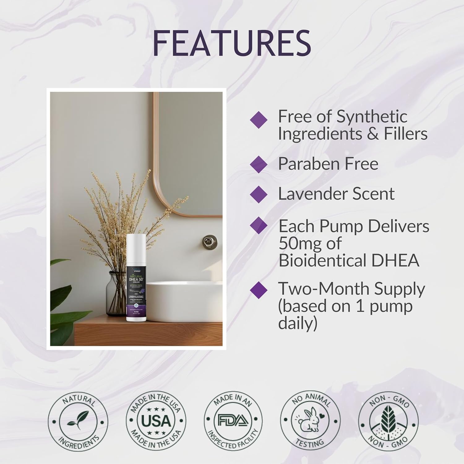 DHEA Cream 50mg for Women and Men, Maximum Strength Natural DHEA Cosmetic Formulation for Skin Hydration Balance, Pure, Non-GMO, Gluten-Free, Paraben-Free, Skin Cream 2-Month Supply (Unscented - 3oz)