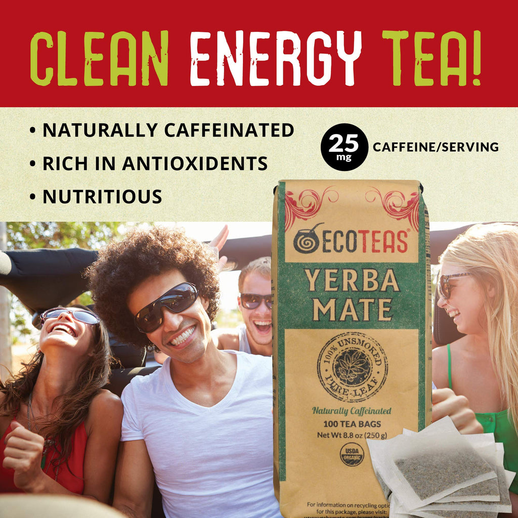 ECOTEAS Premium Organic Yerba Mate Tea Bags – Natural Energy & Detox Herbal Tea – Coffee Alternative - Kosher, Non-GMO, Gluten-Free - 100 Unsmoked Bulk Bags, 8.8 oz (Pack of 1)