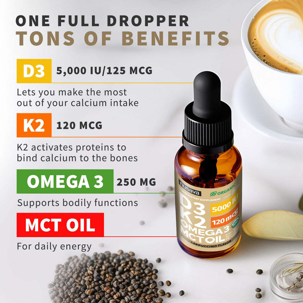 (2 Pack) Organic Vitamin D3 K2 Drops with MCT Oil Omega 3, 5000 IU, Maximum Strength Vitamin D Liquid, No Fillers, Non-GMO Liquid D3 for Faster Absorption and Immune Support (Unflavored, 2 Fl Oz)