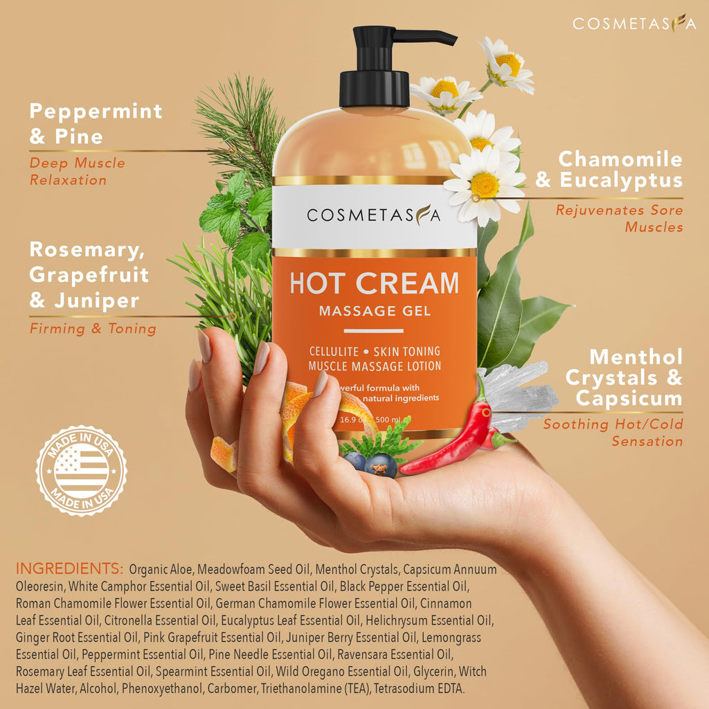 Cellulite Massage Oil, Gel & Mitt - Natural Hot Cream Massage Gel, Oil & Massager - Firm, Tone, Tighten & Moisturize Skin. Soothes Muscles (8.8 oz.)