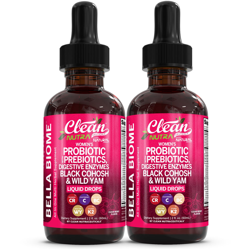 Liquid Probiotics for Women Drops with Chasteberry, Black Cohosh, Prebiotics, Digestive Enzymes, Evening Primrose Oil, Wild Yam, Cranberry Dmannose and Iron Vitamin D3 K2 Clean Nutra Bella Biotics