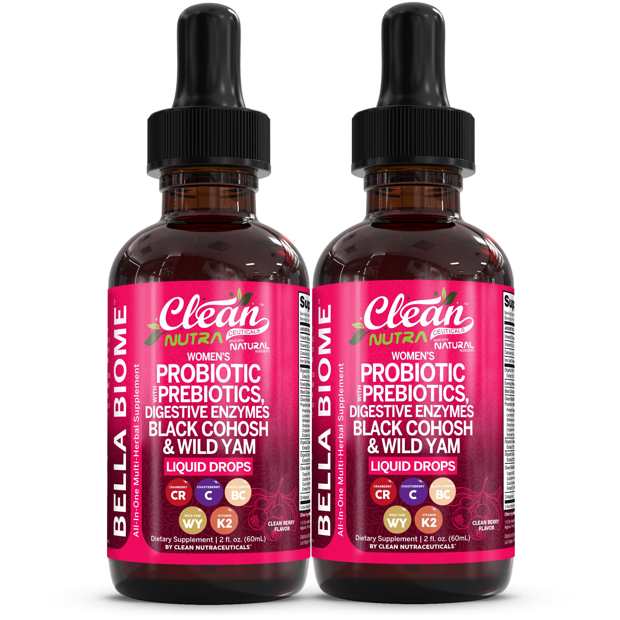Liquid Probiotics for Women Drops with Chasteberry, Black Cohosh, Prebiotics, Digestive Enzymes, Evening Primrose Oil, Wild Yam, Cranberry Dmannose and Iron Vitamin D3 K2 Clean Nutra Bella Biotics