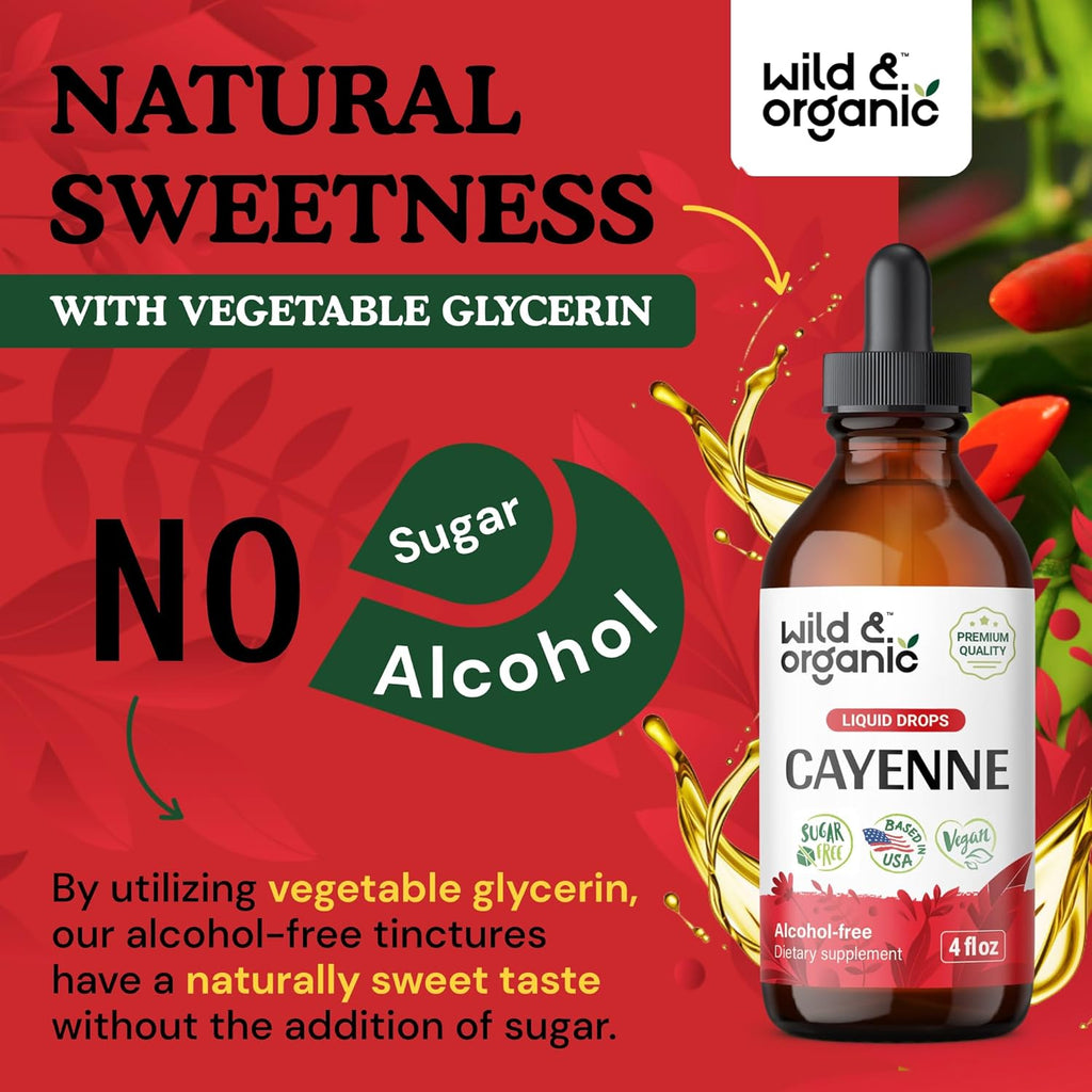 Wild & Organic Cayenne Pepper Tincture - Digestive Support with Capsaicin Extract - Cayenne Pepper Liquid Drops for Overall Well-Being - Vegan, Sugar & Alcohol-Free - 4 fl oz