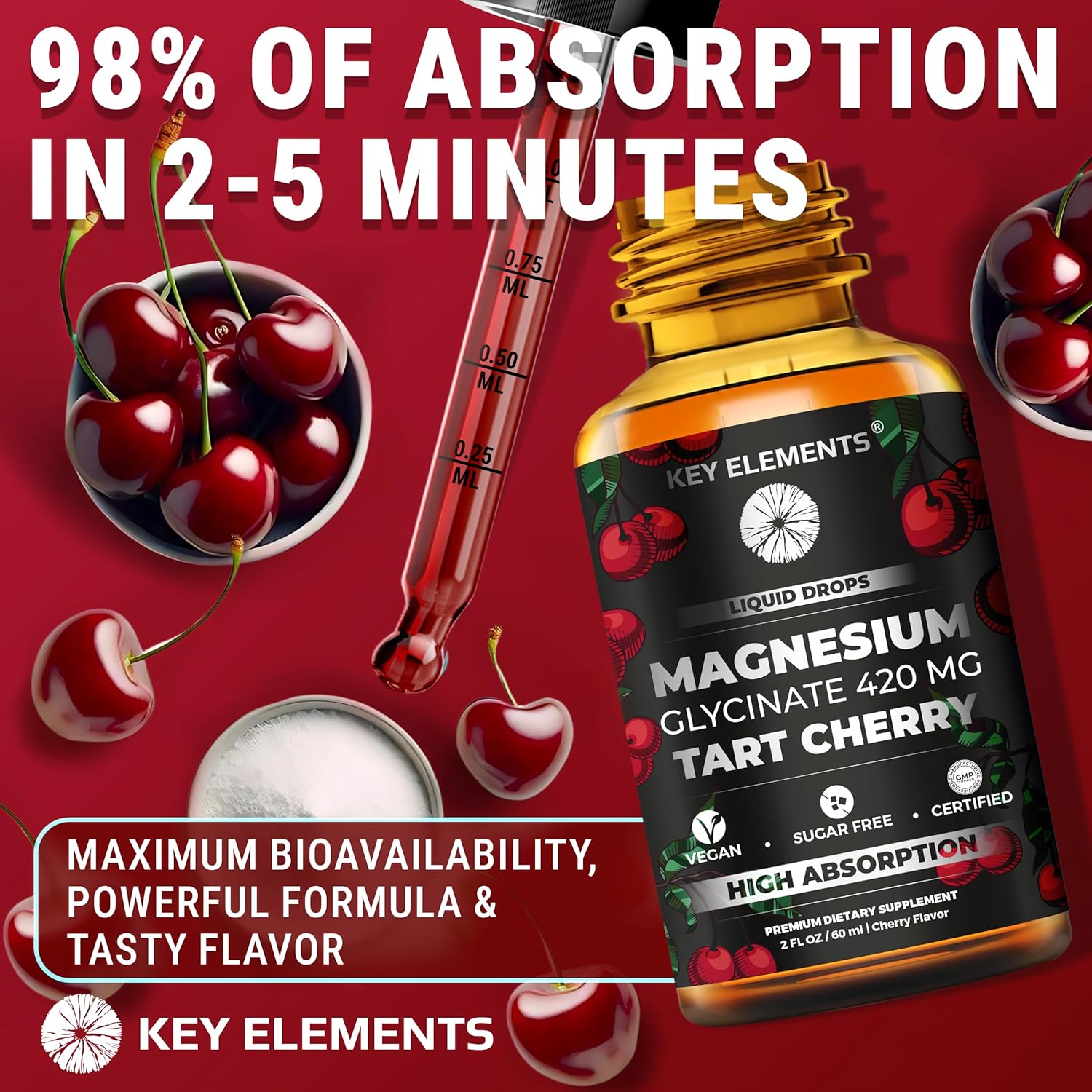 Liquid Magnesium Glycinate 420 Mg with Natural Tart Cherry Extract | Magnesium Glycinate Drops Supplement for Sleep, Mood & Mobility Support | Tart Cherry Extract