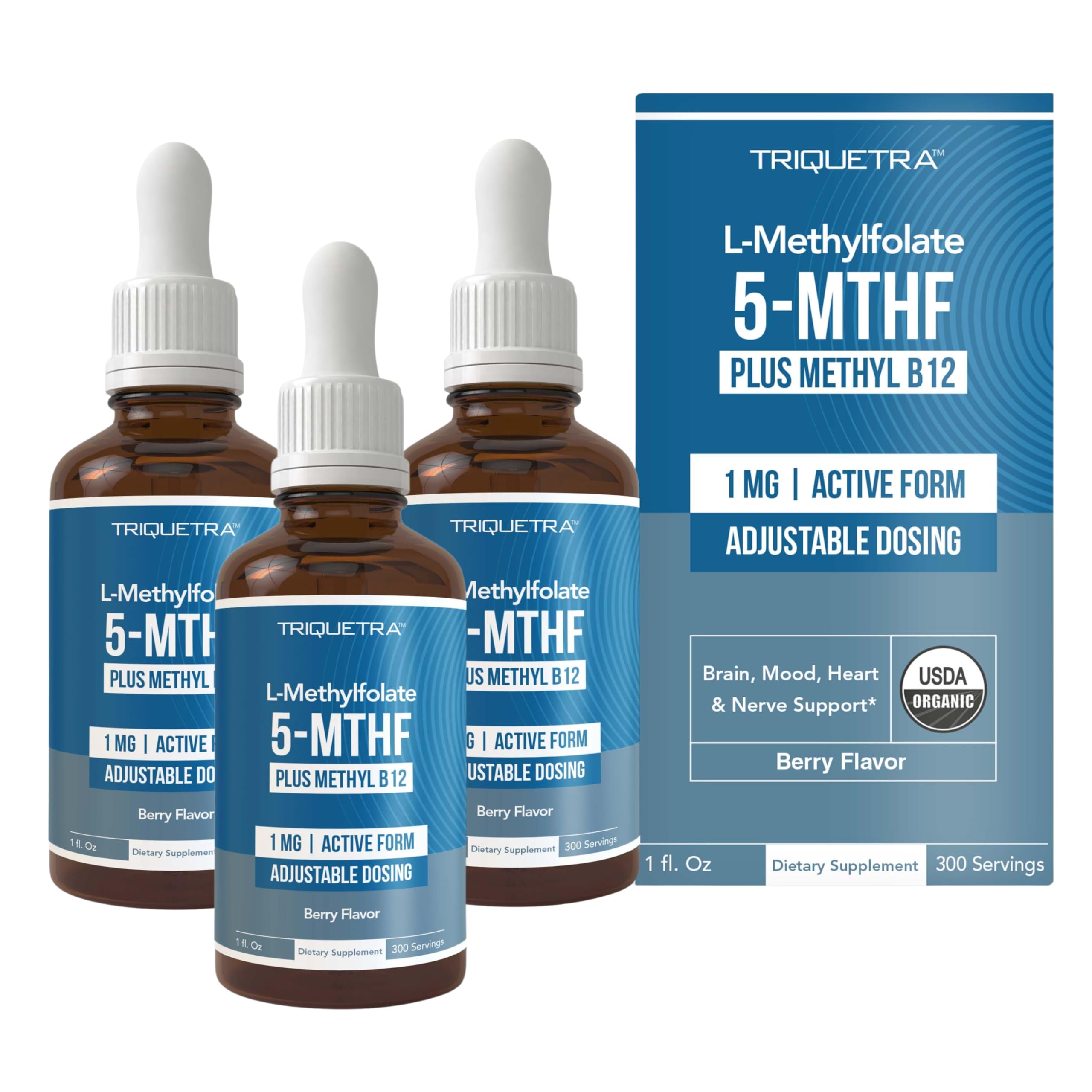 Organic Methyl Folate 1000 mcg + Methyl B12 Cofactor (300 Servings) – Metabolically Active 5-MTHF Form, Organic Berry Flavor, Liquid Sublingual Form – Mood, Cognition, Methylation, Pregnancy (1oz)