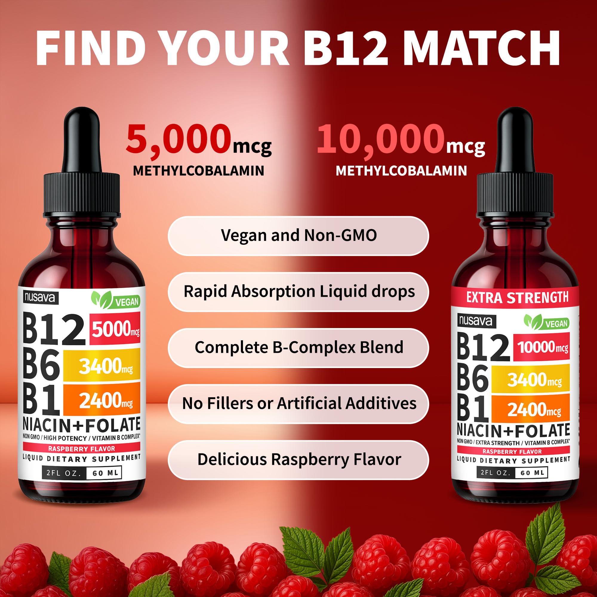 (2 Pack) Vitamin B12 and B6 Liquid Drops, B12 Sublingual Vitamin B Complex - B 12 Vitamin 5000mcg - B12 Methylcobalamin for Energy, Brain, and Heart Support with 27,200 mcg, Raspberry, 80 Servings