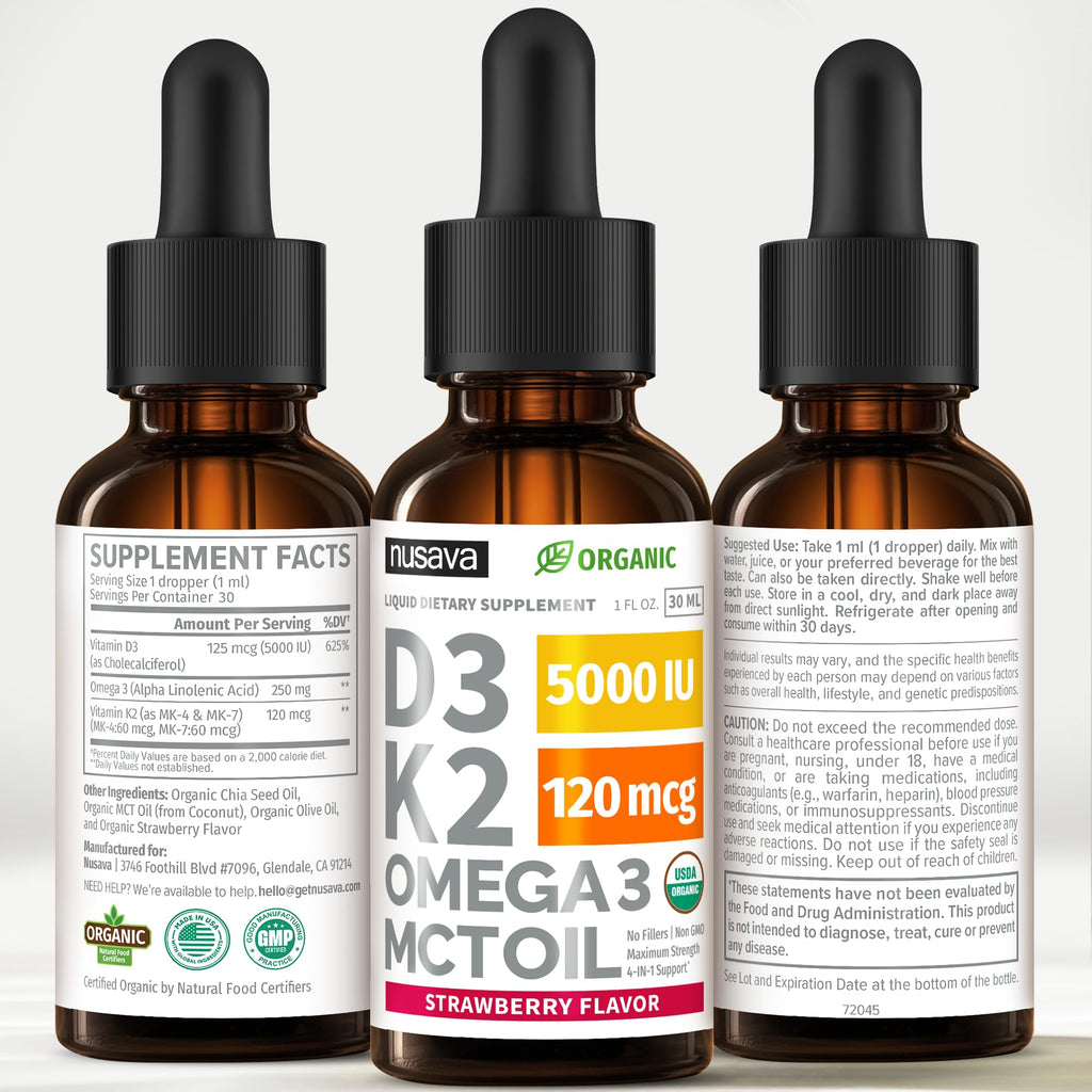 (2 Pack) Organic Vitamin D3 K2 Drops with MCT Oil Omega 3, 5000 IU, Maximum Strength Vitamin D Liquid, No Fillers, Non-GMO Liquid D3 for Faster Absorption and Immune Support (Unflavored, 2 Fl Oz)