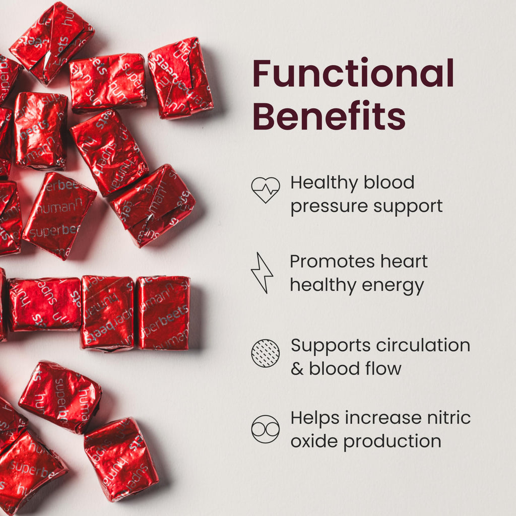 Humann SuperBeets Heart Chews, Nitric Oxide and Blood Pressure Support, Grape Seed Extract & Non-GMO Beet Root Powder Energy, Pomegranate Berry Flavor, 120 Count