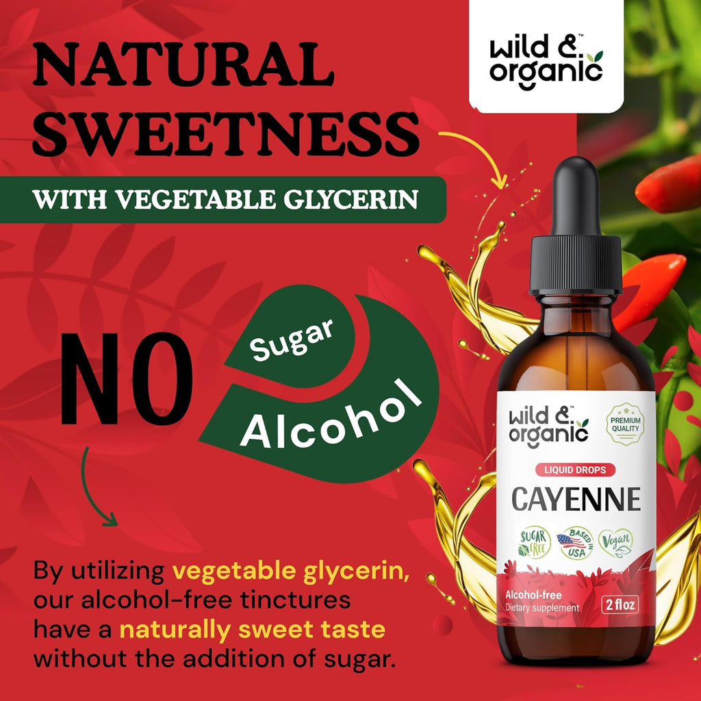 Wild & Organic Cayenne Pepper Tincture - Digestive Support with Capsaicin Extract - Cayenne Pepper Liquid Drops for Overall Well-Being - Vegan, Sugar & Alcohol-Free - 4 fl oz