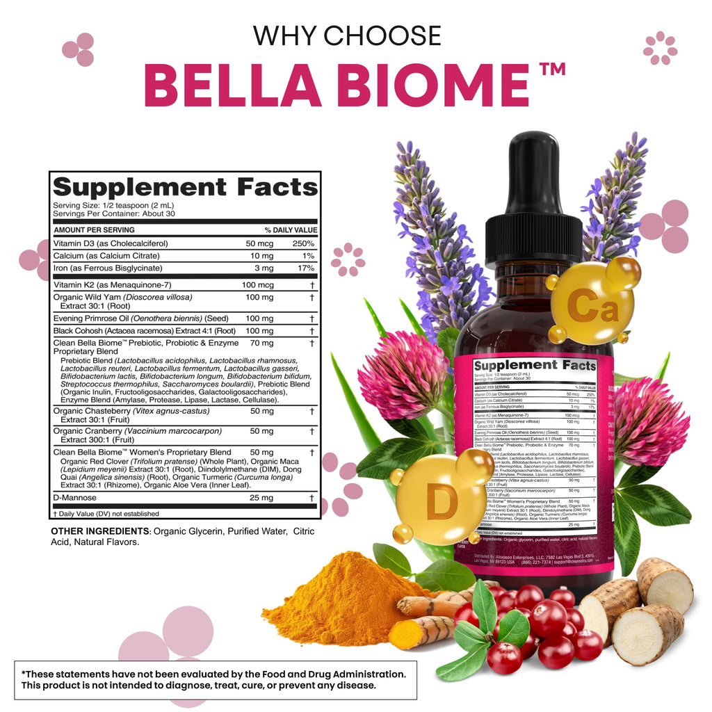Liquid Probiotics for Women Drops with Chasteberry, Black Cohosh, Prebiotics, Digestive Enzymes, Evening Primrose Oil, Wild Yam, Cranberry Dmannose and Iron Vitamin D3 K2 Clean Nutra Bella Biotics