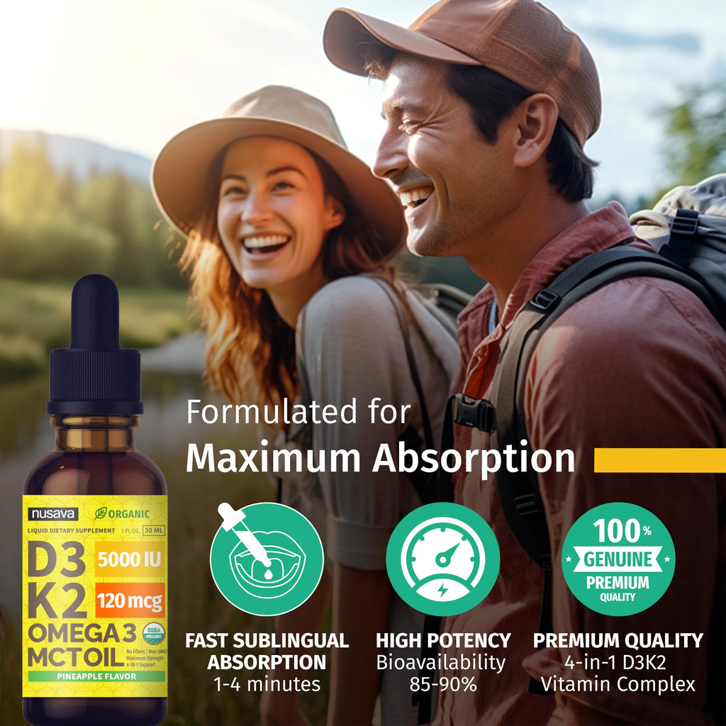 (2 Pack) Organic Vitamin D3 K2 Drops with MCT Oil Omega 3, 5000 IU, Maximum Strength Vitamin D Liquid, No Fillers, Non-GMO Liquid D3 for Faster Absorption and Immune Support (Unflavored, 2 Fl Oz)