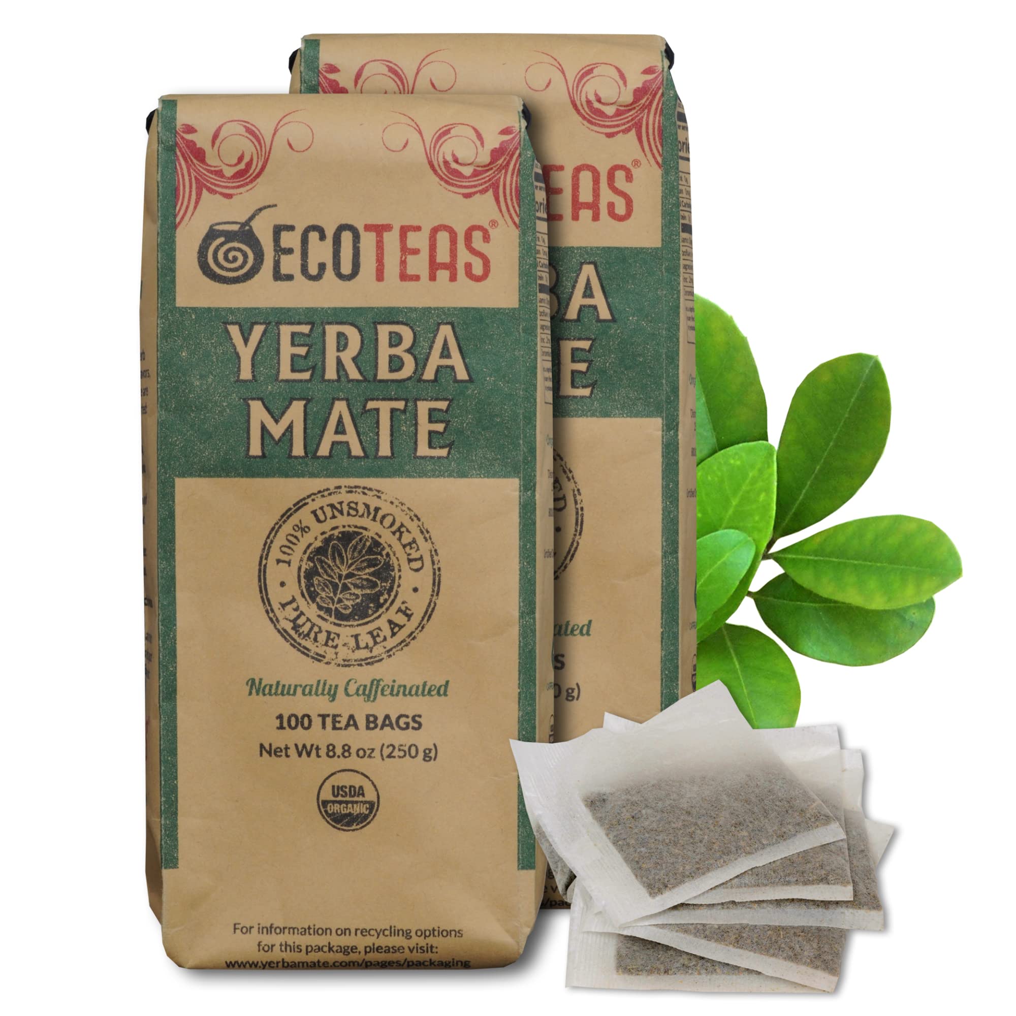 ECOTEAS Premium Organic Yerba Mate Tea Bags – Natural Energy & Detox Herbal Tea – Coffee Alternative - Kosher, Non-GMO, Gluten-Free - 100 Unsmoked Bulk Bags, 8.8 oz (Pack of 1)