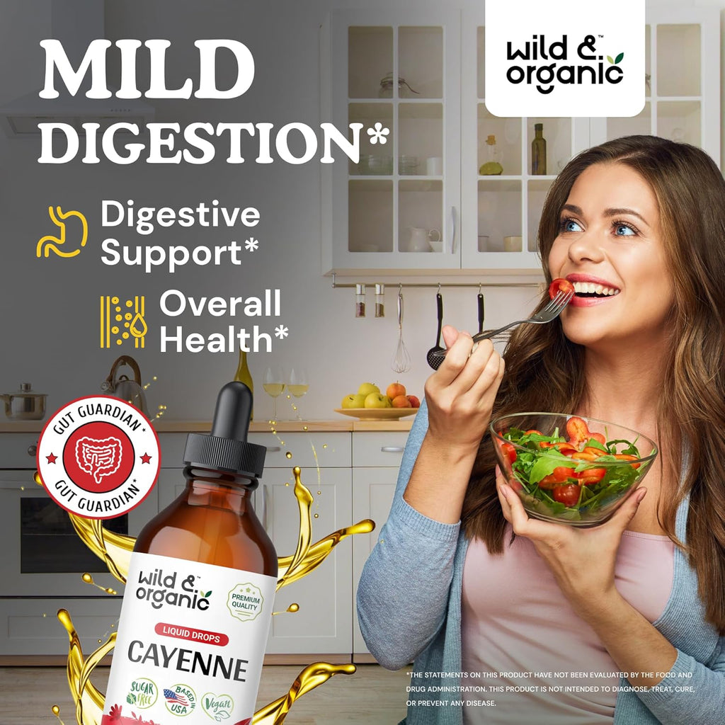 Wild & Organic Cayenne Pepper Tincture - Digestive Support with Capsaicin Extract - Cayenne Pepper Liquid Drops for Overall Well-Being - Vegan, Sugar & Alcohol-Free - 4 fl oz