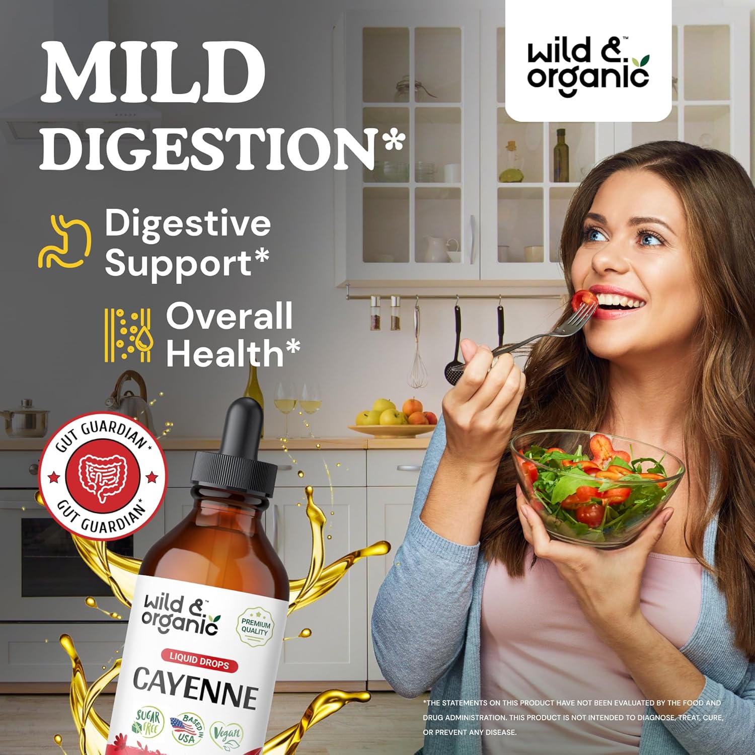 Wild & Organic Cayenne Pepper Tincture - Digestive Support with Capsaicin Extract - Cayenne Pepper Liquid Drops for Overall Well-Being - Vegan, Sugar & Alcohol-Free - 4 fl oz