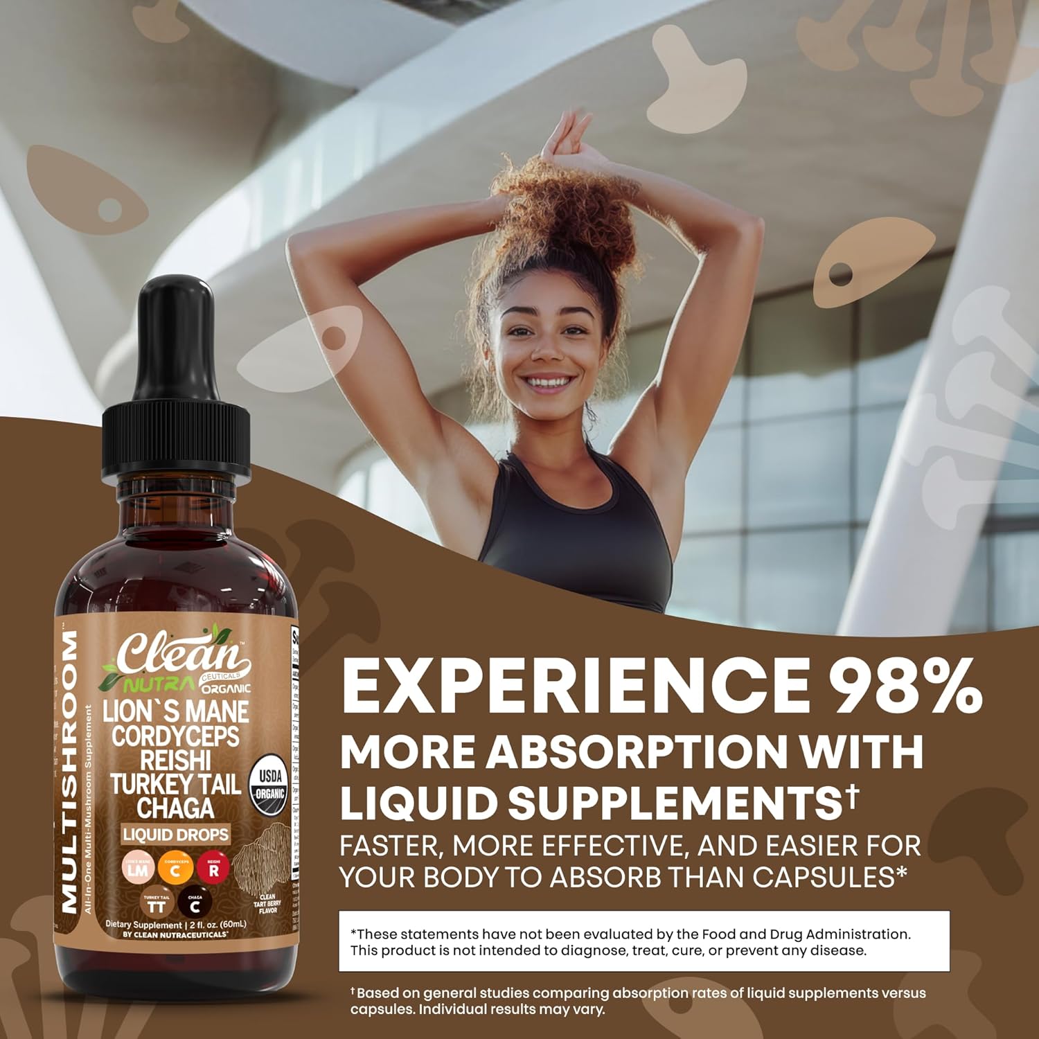 Organic Lions Mane Mushroom Supplement Liquid Drops + Turkey Tail Cordyceps Reishi Chaga Shitake Maitake Tremella Oyster Mushrooms Poria and Enokitake Complex Blend by Clean Nutra