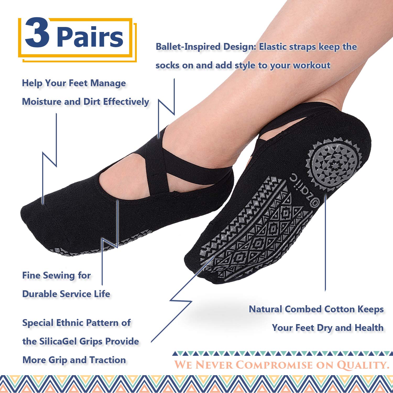 Ozaiic Pilates Socks for Women Non Slip Grip, Yoga Socks with Grippers for Barre, Hospital, Ballet, Dance, Barefoot Workout