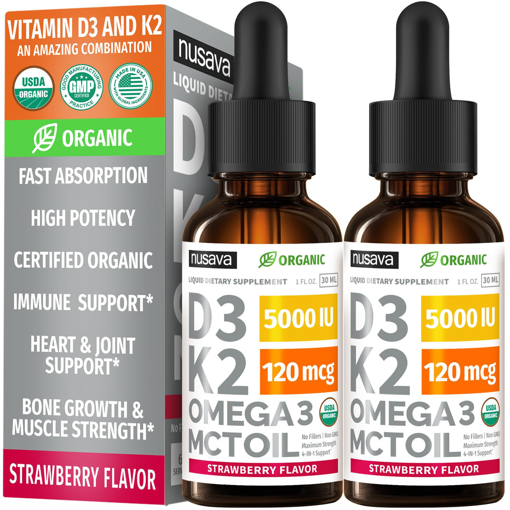 (2 Pack) Organic Vitamin D3 K2 Drops with MCT Oil Omega 3, 5000 IU, Maximum Strength Vitamin D Liquid, No Fillers, Non-GMO Liquid D3 for Faster Absorption and Immune Support (Unflavored, 2 Fl Oz)