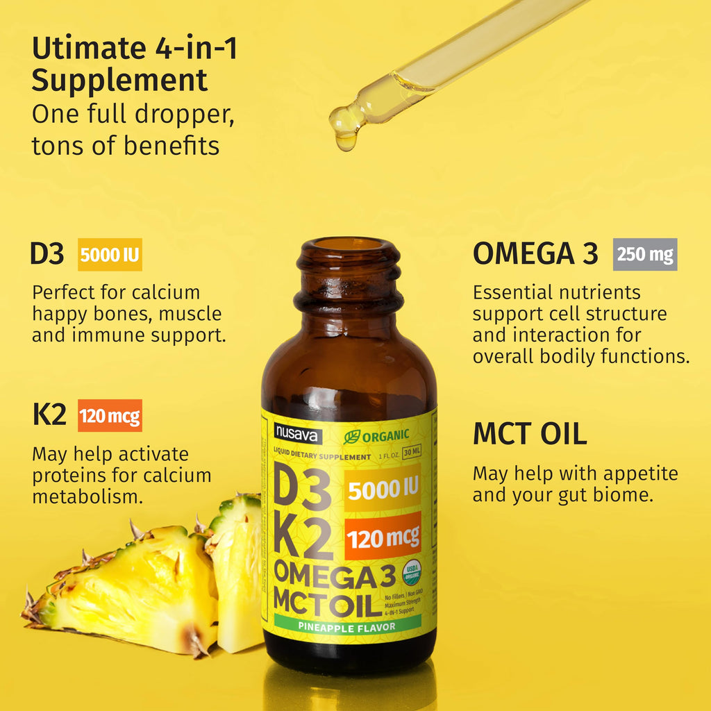 (2 Pack) Organic Vitamin D3 K2 Drops with MCT Oil Omega 3, 5000 IU, Maximum Strength Vitamin D Liquid, No Fillers, Non-GMO Liquid D3 for Faster Absorption and Immune Support (Unflavored, 2 Fl Oz)