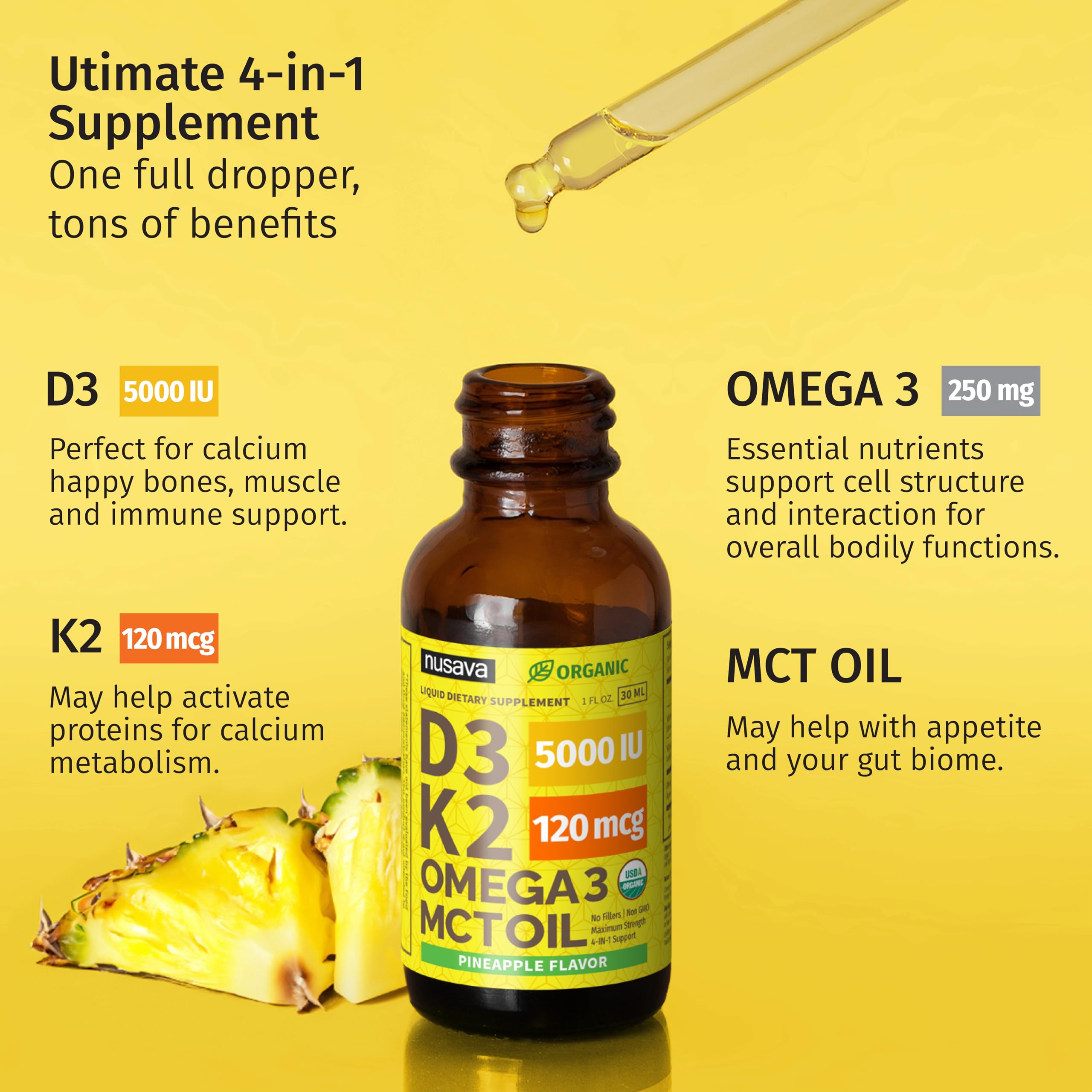 (2 Pack) Organic Vitamin D3 K2 Drops with MCT Oil Omega 3, 5000 IU, Maximum Strength Vitamin D Liquid, No Fillers, Non-GMO Liquid D3 for Faster Absorption and Immune Support (Unflavored, 2 Fl Oz)