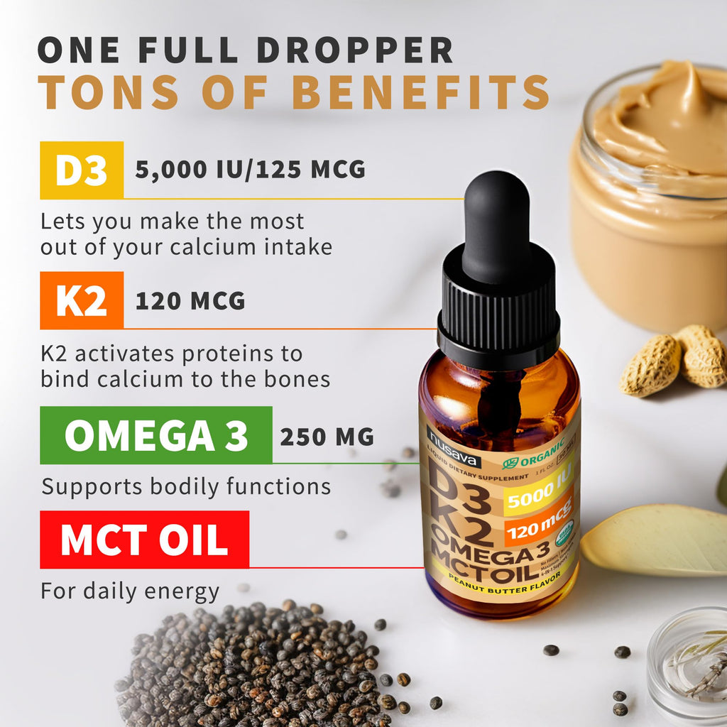 (2 Pack) Organic Vitamin D3 K2 Drops with MCT Oil Omega 3, 5000 IU, Maximum Strength Vitamin D Liquid, No Fillers, Non-GMO Liquid D3 for Faster Absorption and Immune Support (Unflavored, 2 Fl Oz)