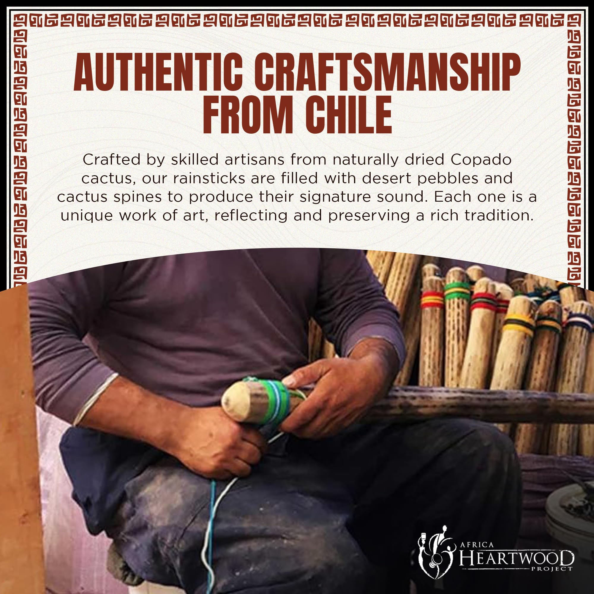 Africa Heartwood Project 20" Cactus Rainstick from Chile - Authentic Handcrafted Rain Stick Musical Instrument with Colored Yarn Wrap and Durable Sealant (Random Color)