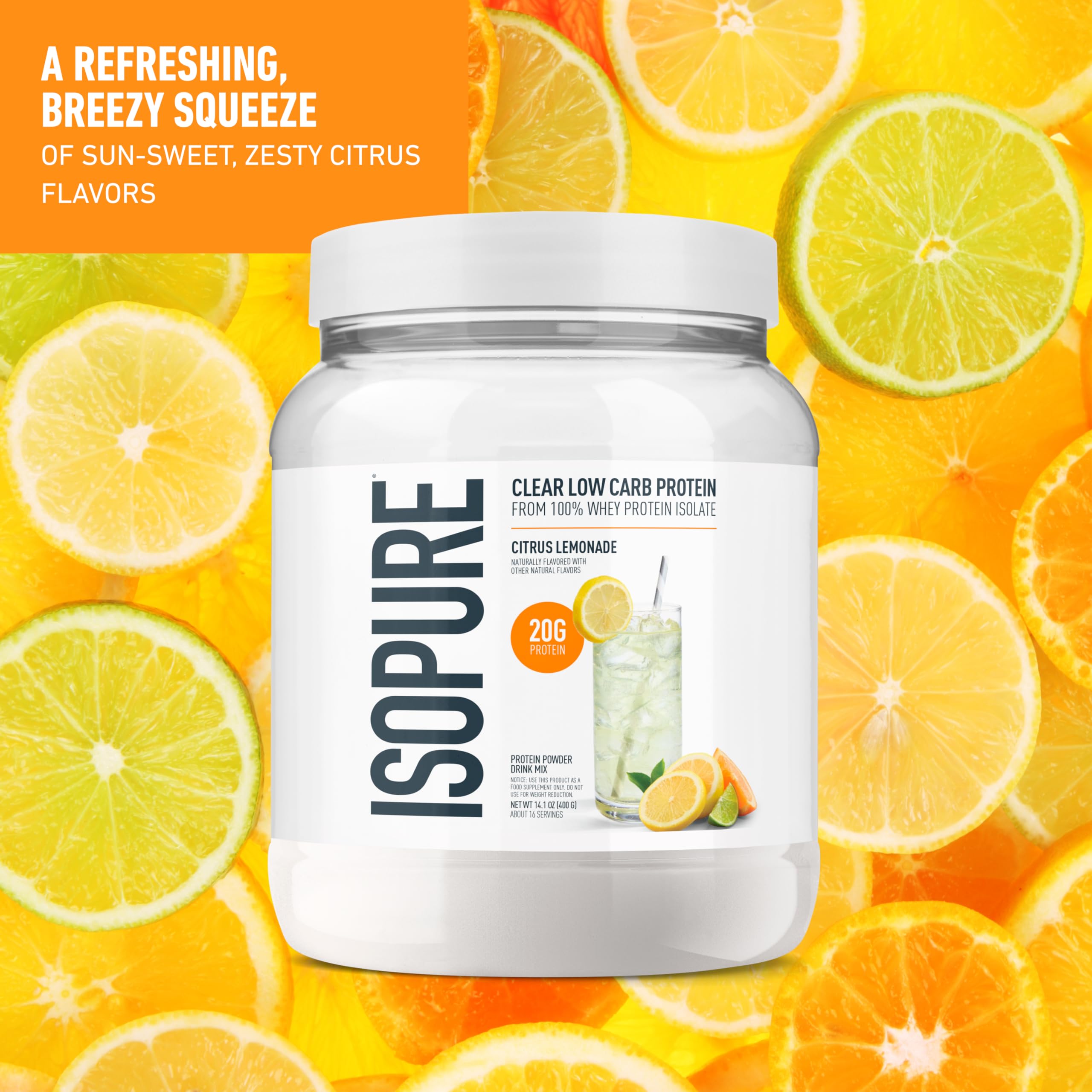 Isopure Clear Whey Isolate Protein Powder, Lactose Free, Gluten Free, Naturally Flavored, Mixed Berry, 20g Protein Per Serving, 14.1 Oz, 16 Servings (Packaging May Vary)