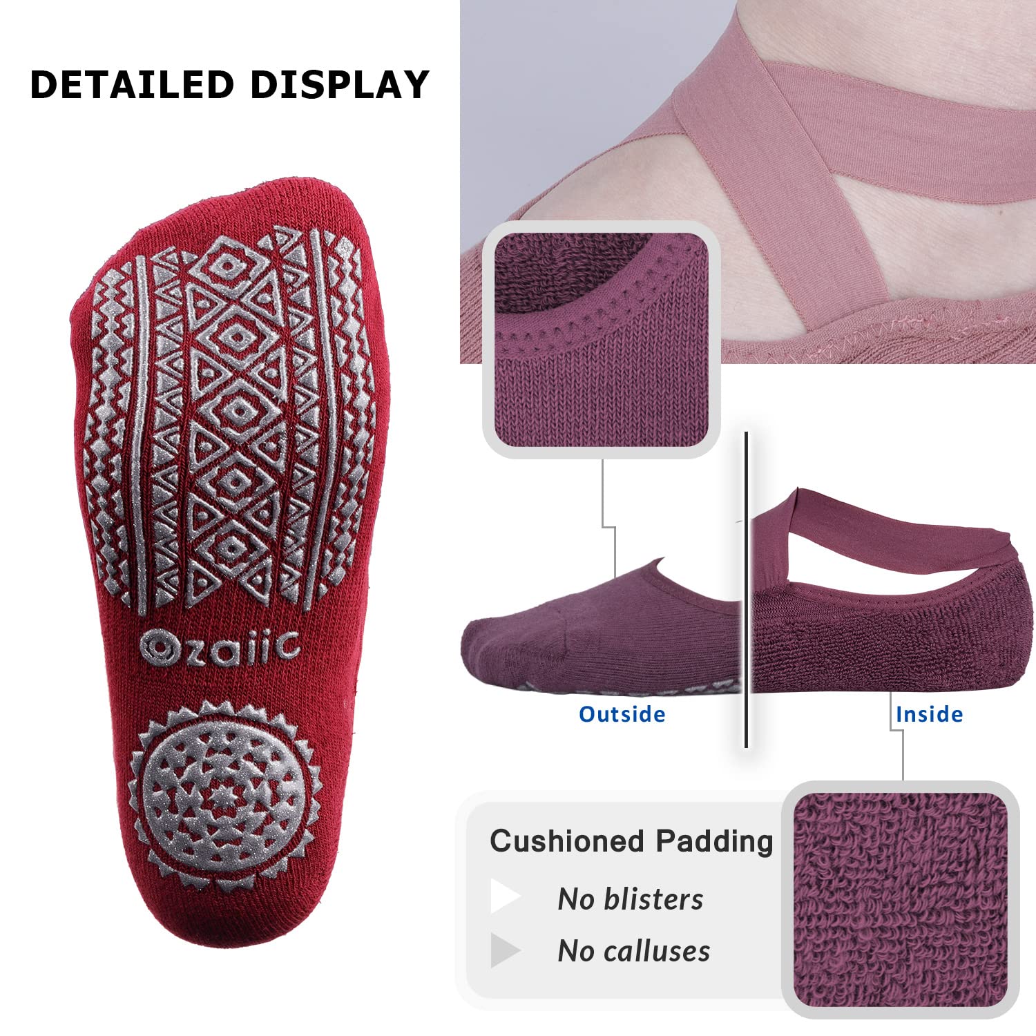 Ozaiic Pilates Socks for Women Non Slip Grip, Yoga Socks with Grippers for Barre, Hospital, Ballet, Dance, Barefoot Workout