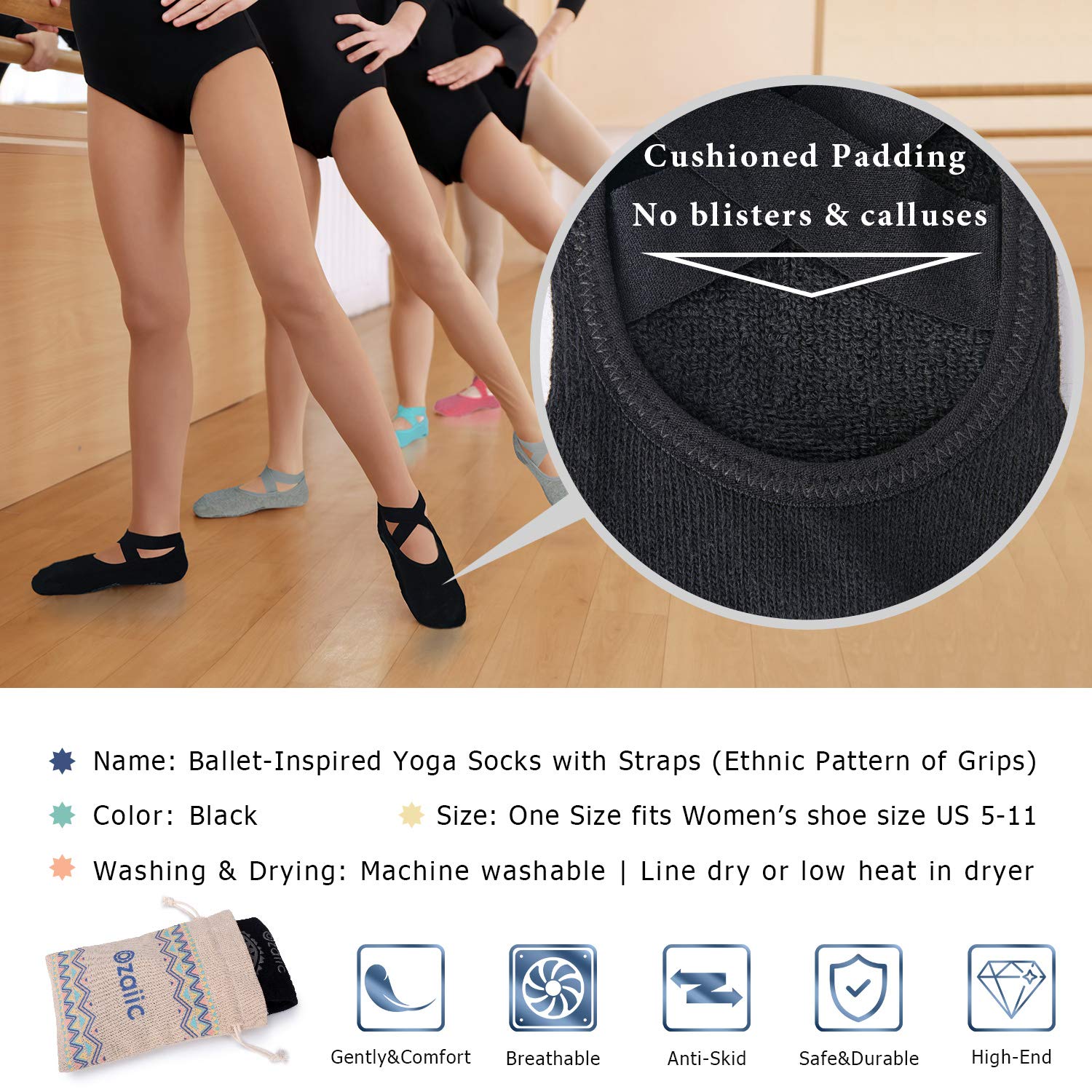 Ozaiic Pilates Socks for Women Non Slip Grip, Yoga Socks with Grippers for Barre, Hospital, Ballet, Dance, Barefoot Workout