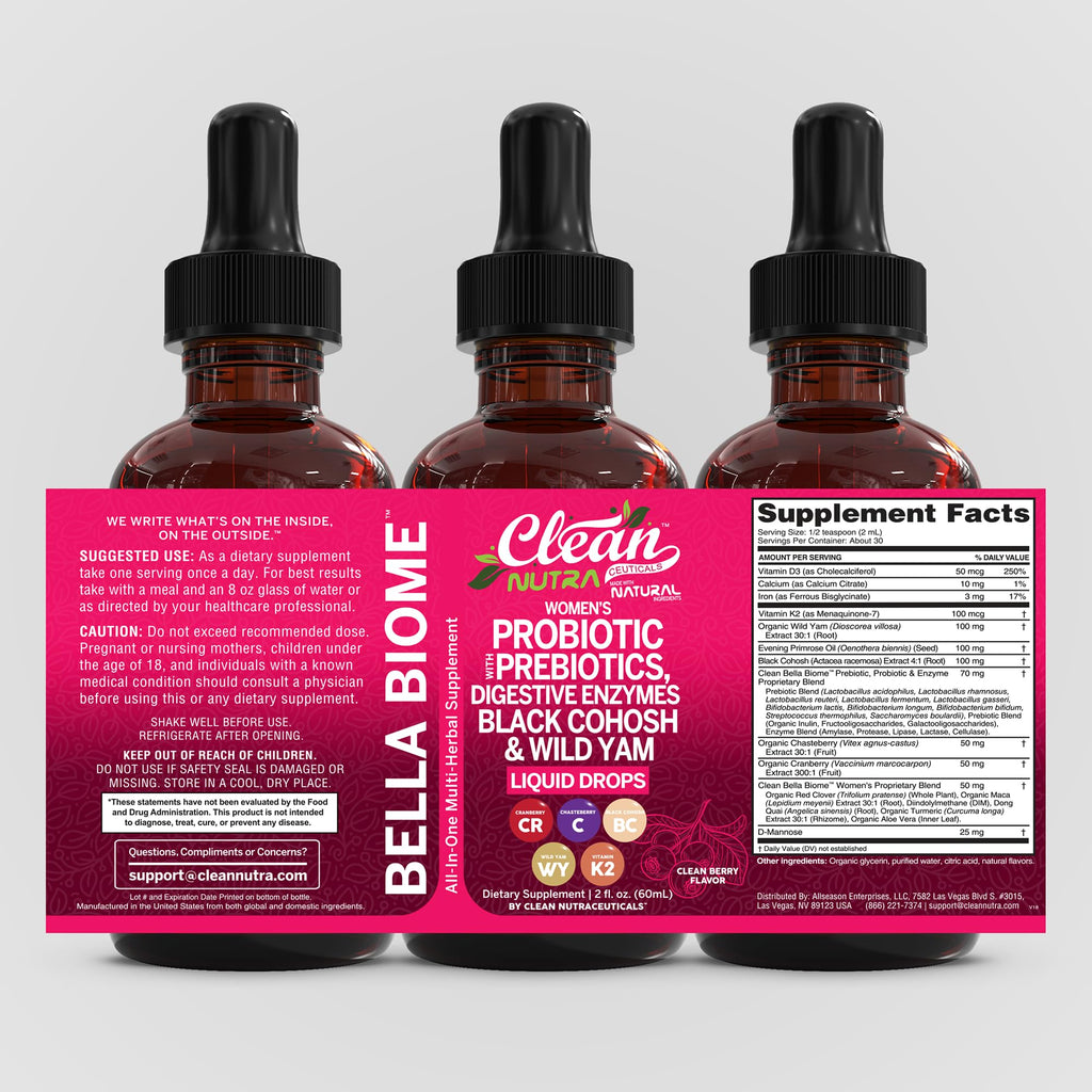 Liquid Probiotics for Women Drops with Chasteberry, Black Cohosh, Prebiotics, Digestive Enzymes, Evening Primrose Oil, Wild Yam, Cranberry Dmannose and Iron Vitamin D3 K2 Clean Nutra Bella Biotics