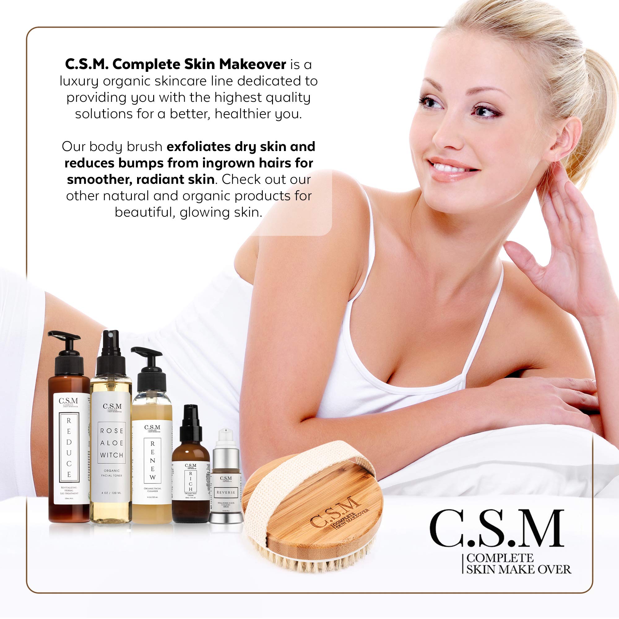 CSM Dry Brushing Body Brush for Lymphatic Drainage - Natural Boar Bristle Exfoliating Brush Set with Face Brush for Cellulite, Circulation & Glowing Skin