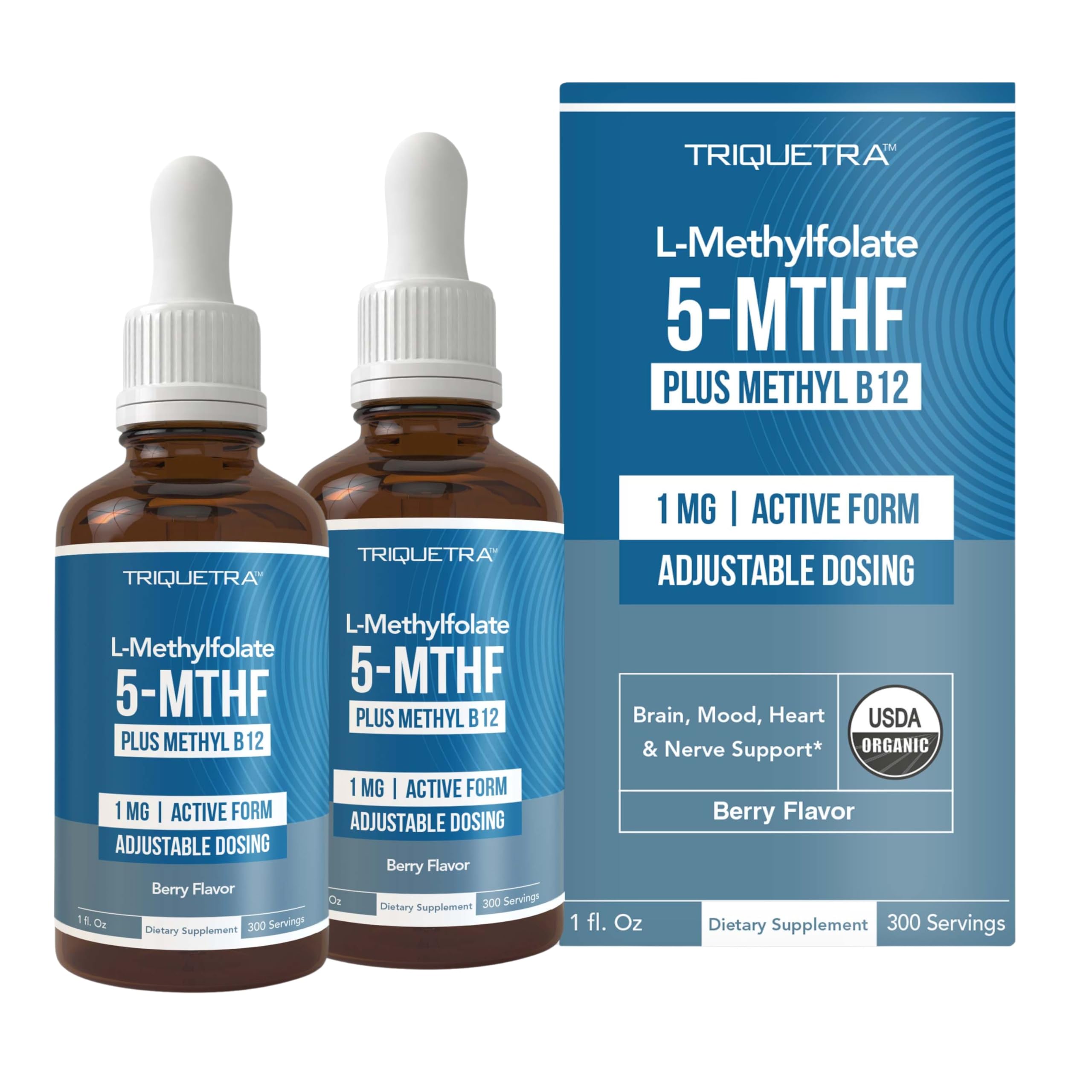 Organic Methyl Folate 1000 mcg + Methyl B12 Cofactor (300 Servings) – Metabolically Active 5-MTHF Form, Organic Berry Flavor, Liquid Sublingual Form – Mood, Cognition, Methylation, Pregnancy (1oz)