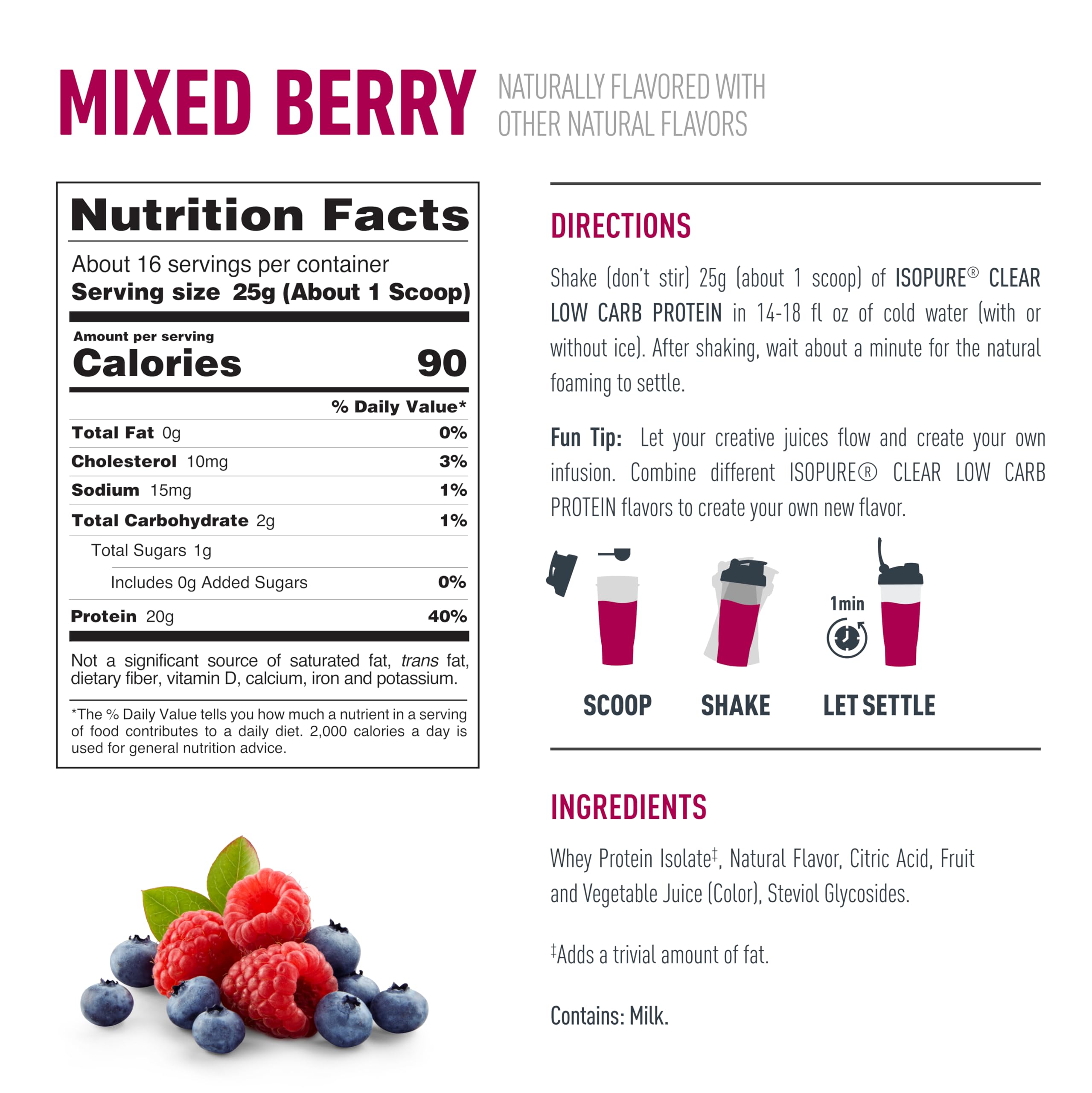 Isopure Clear Whey Isolate Protein Powder, Lactose Free, Gluten Free, Naturally Flavored, Mixed Berry, 20g Protein Per Serving, 14.1 Oz, 16 Servings (Packaging May Vary)
