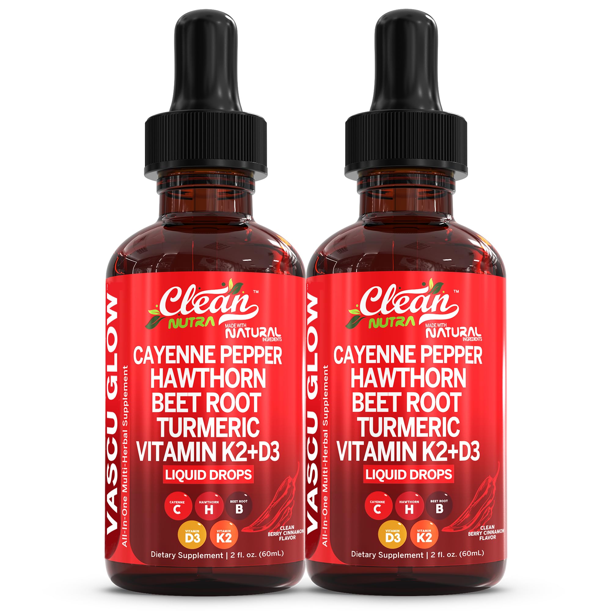 Clean Nutra Cayenne Pepper Drops Supplement Liquid + Hawthorn Berry, Vitamin D3 K2 Beet Root Powder, Ceylon Cinnamon, Turmeric Curcumin, Organic Panax Ginseng, Berberine Extract 1 Pack