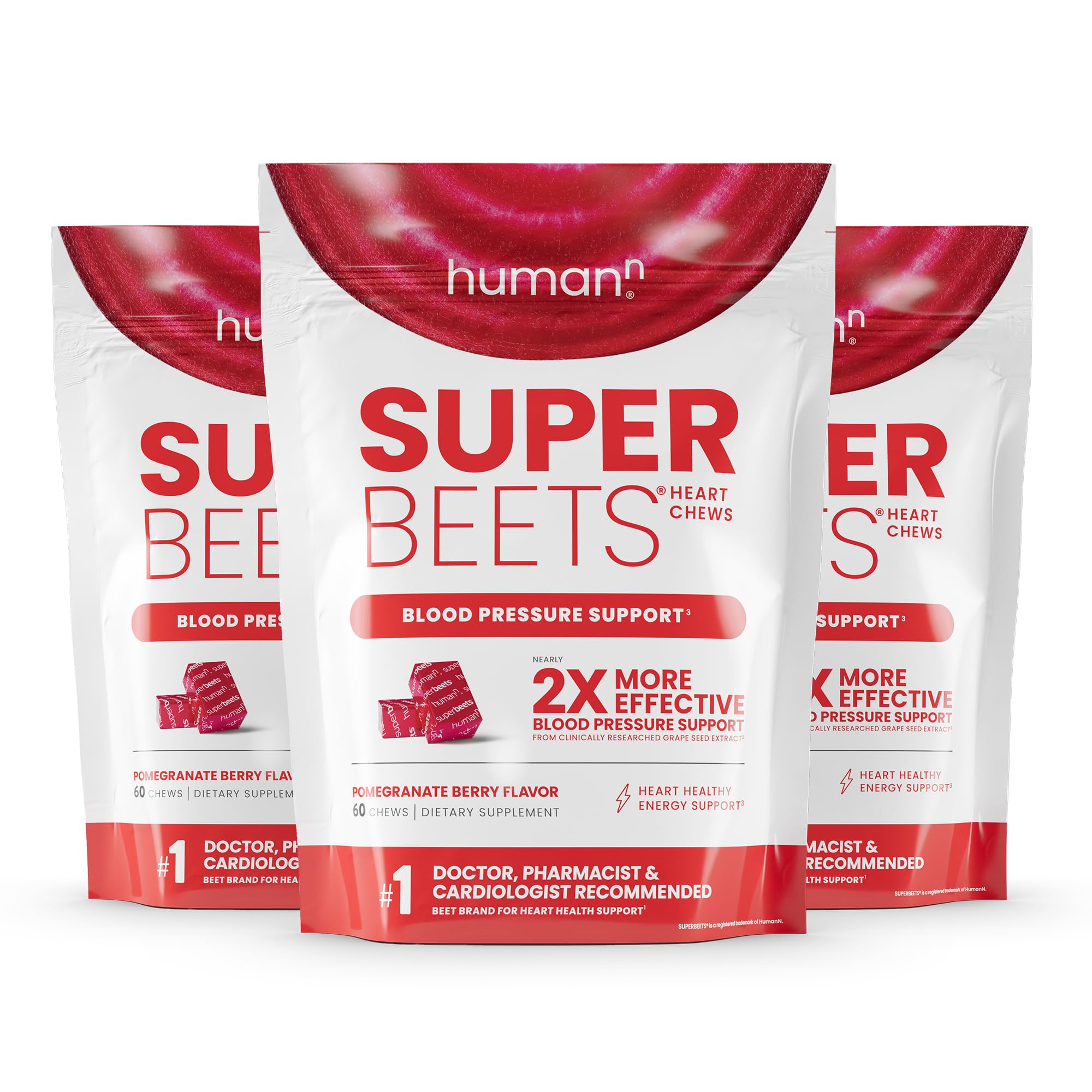 Humann SuperBeets Heart Chews, Nitric Oxide and Blood Pressure Support, Grape Seed Extract & Non-GMO Beet Root Powder Energy, Pomegranate Berry Flavor, 120 Count