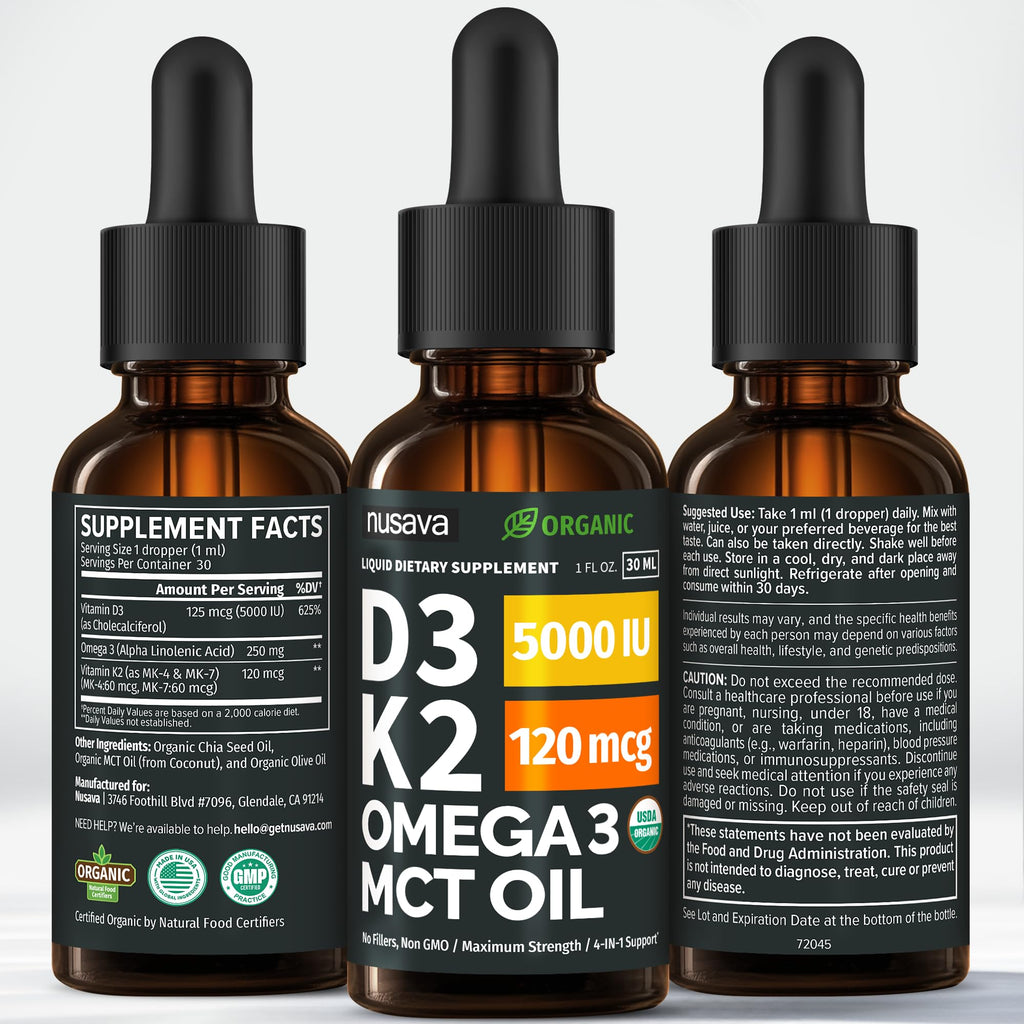 (2 Pack) Organic Vitamin D3 K2 Drops with MCT Oil Omega 3, 5000 IU, Maximum Strength Vitamin D Liquid, No Fillers, Non-GMO Liquid D3 for Faster Absorption and Immune Support (Unflavored, 2 Fl Oz)