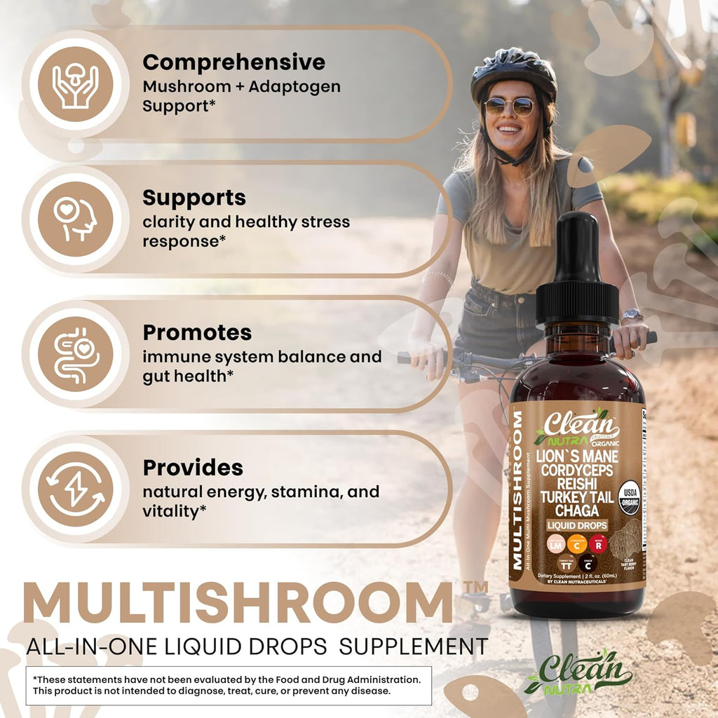 Organic Lions Mane Mushroom Supplement Liquid Drops + Turkey Tail Cordyceps Reishi Chaga Shitake Maitake Tremella Oyster Mushrooms Poria and Enokitake Complex Blend by Clean Nutra